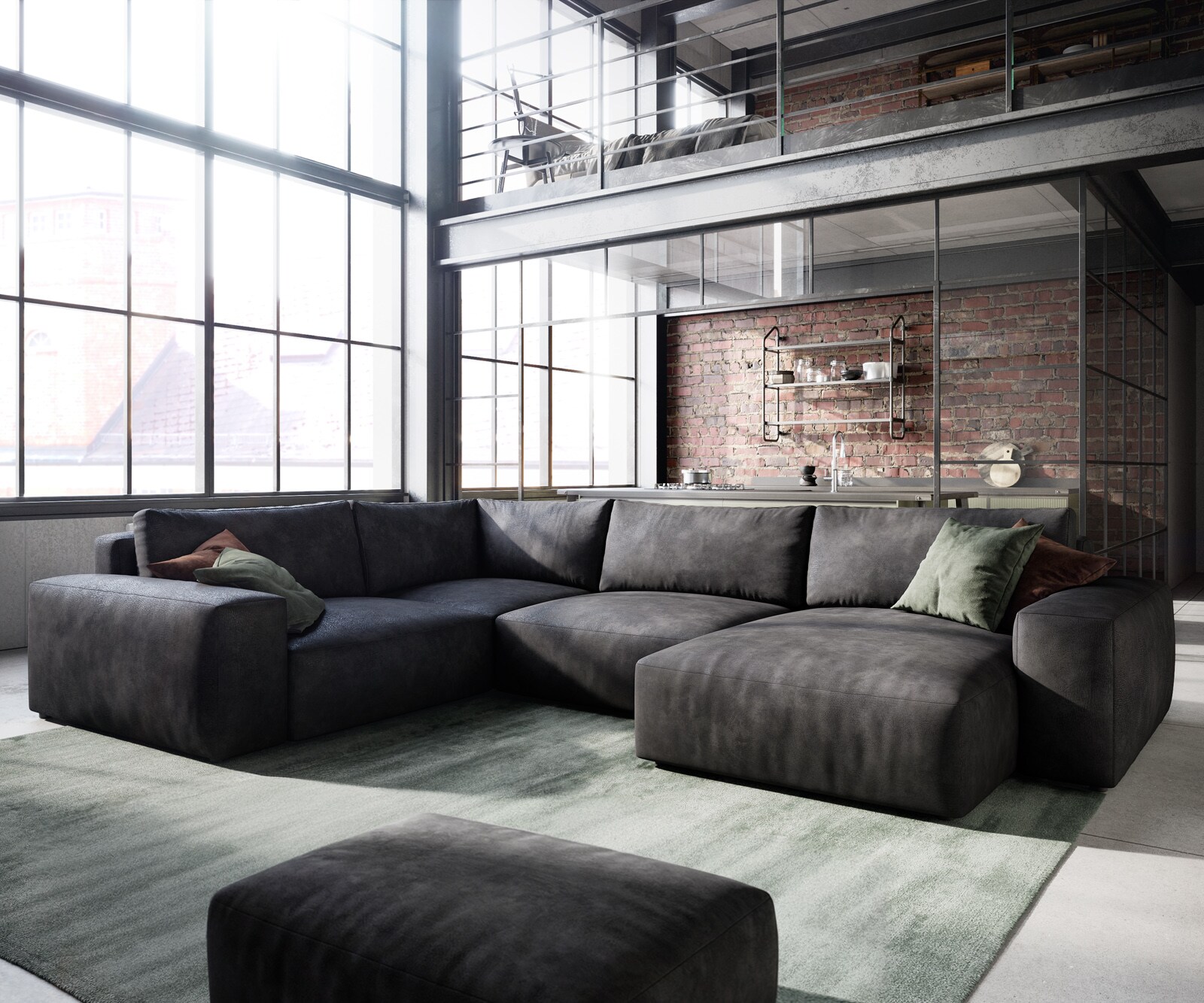 Sofa w kształcie litery U Lanzo 300x210 cm eko-skóra szezlong z możliwością obustronnego montażu z pufem