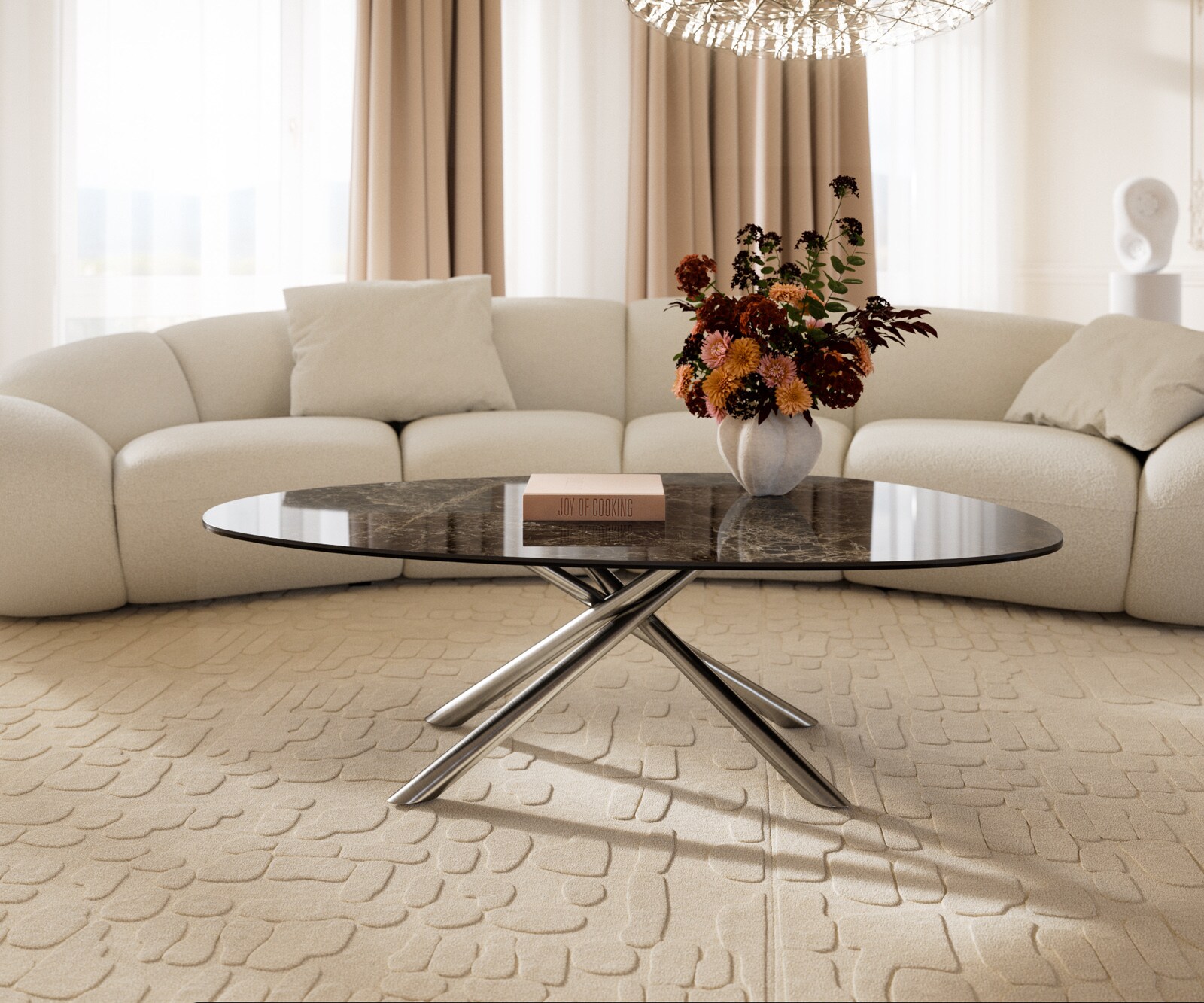 Stolik kawowy Edge owalny 140x75 cm ceramika Laminam® Emperador Extra Lucidato ciemnobrązowa podstawa Sarity stal nierdzewna szczotkowana 2