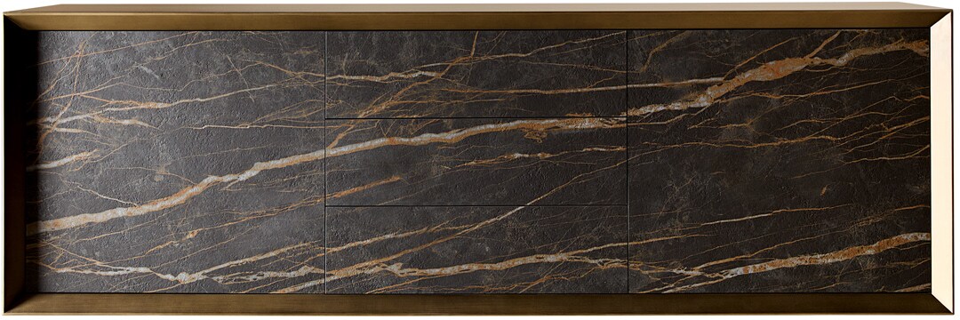 Komoda Yori 200 cm metaliczne złoto 2 drzwi 3 szuflady ceramika Laminam® Noir Desir brązowa