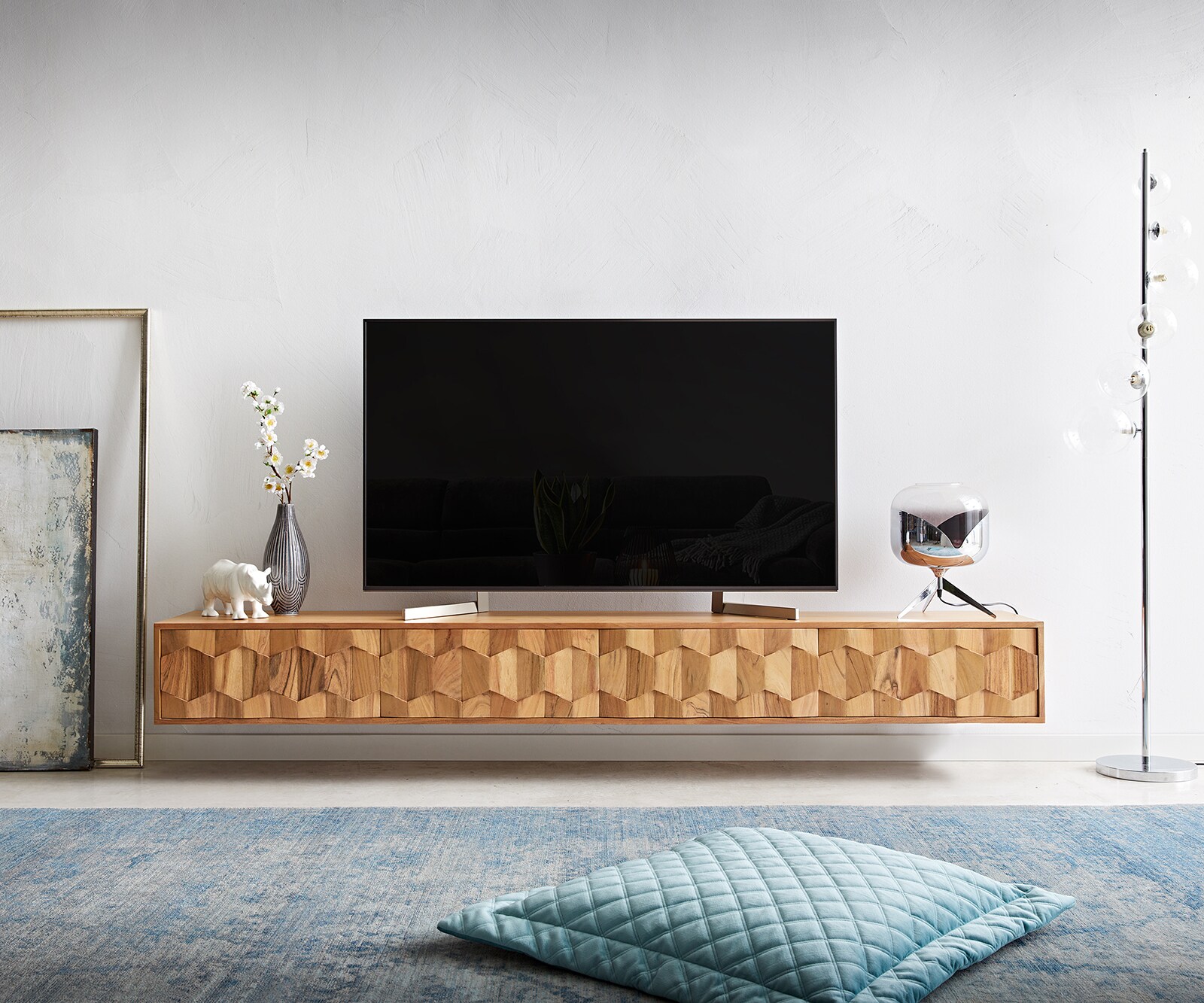 Szafka RTV Fevo 220 cm akacja naturalna 4 drzwi podwieszana 1