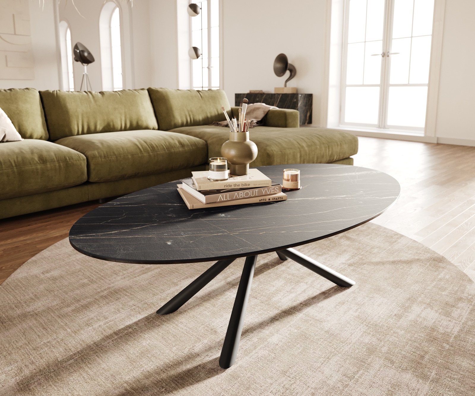 Stolik kawowy Edge owalny 140x80 cm ceramika Laminam® Noir Desir brązowa podstawa Sarity metal czarny 1