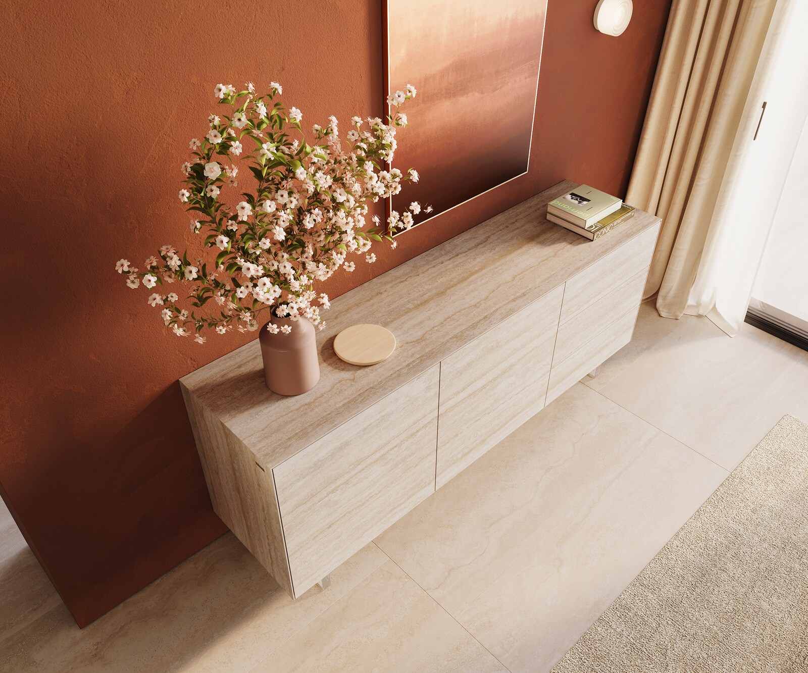 Komoda Cuor 180 cm ceramika Laminam® Travertino Bianco kremowo-biała 2 drzwi 3 szuflady nóżki wąskie szkło akrylowe 4