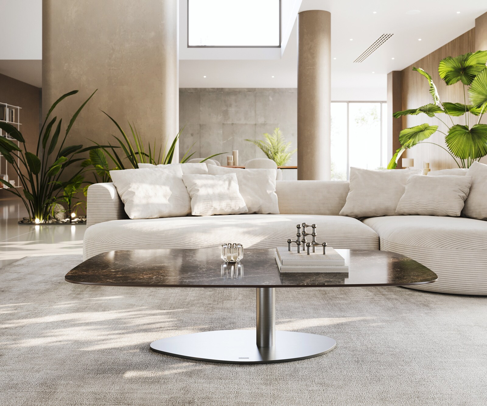 Stolik kawowy Edge w kształcie beczki 140x80 cm ceramika Laminam® Emperador Extra Lucidato ciemnobrązowa podstawa Vibany stal nierdzewna szczotkowana 2