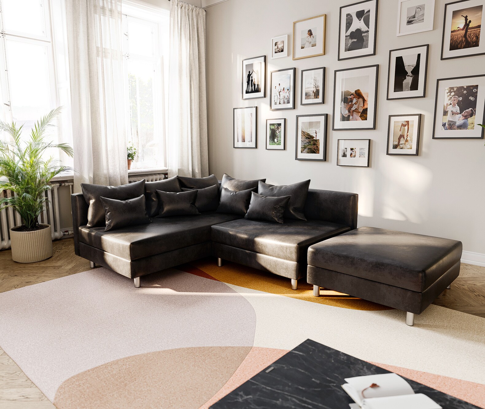 Sofa narożna Clovis antracyt antyczny z pufem szezlong lewy sofa modułowa
