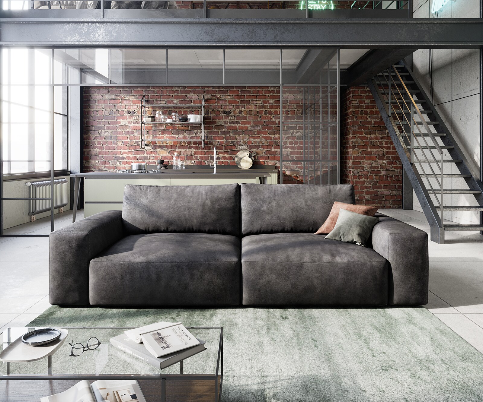 Sofa Lanzo 230x95 cm skóra ekologiczna antracyt vintage 1