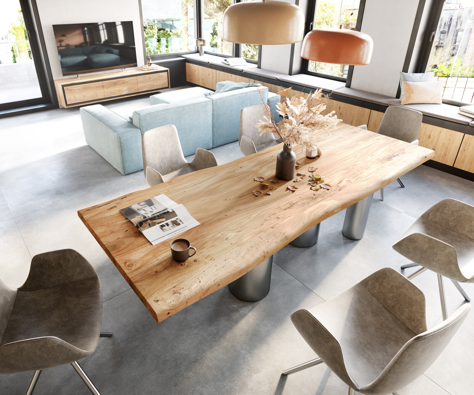 Stół do jadalni Edge 280x100 cm XL akacja naturalna rama Pilier stal nierdzewna szczotkowana 3