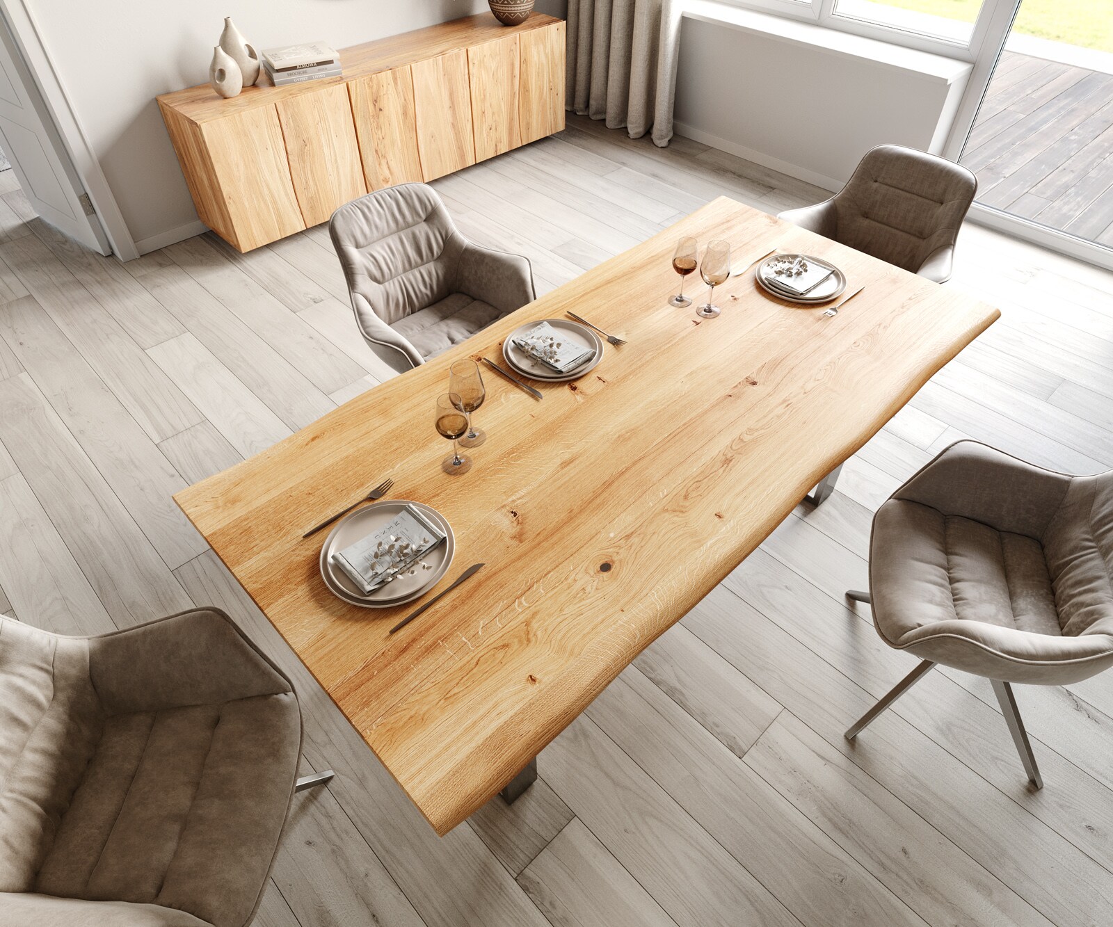 Stół do jadalni Edge 200x100x2,5-3 cm dąb naturalny stal nierdzewna wąska rama live-edge 4