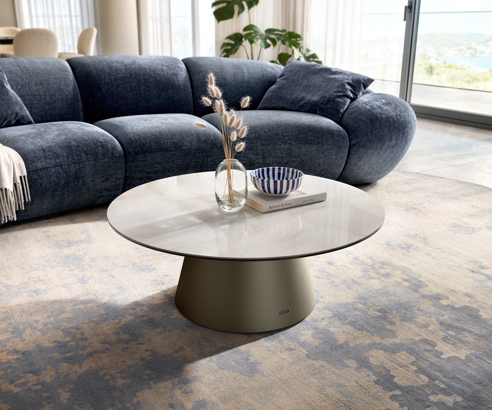 Stolik kawowy Edge okrągły 90x90 cm ceramika Onyx Champagne podstawa Borna w kolorze tytanu 1