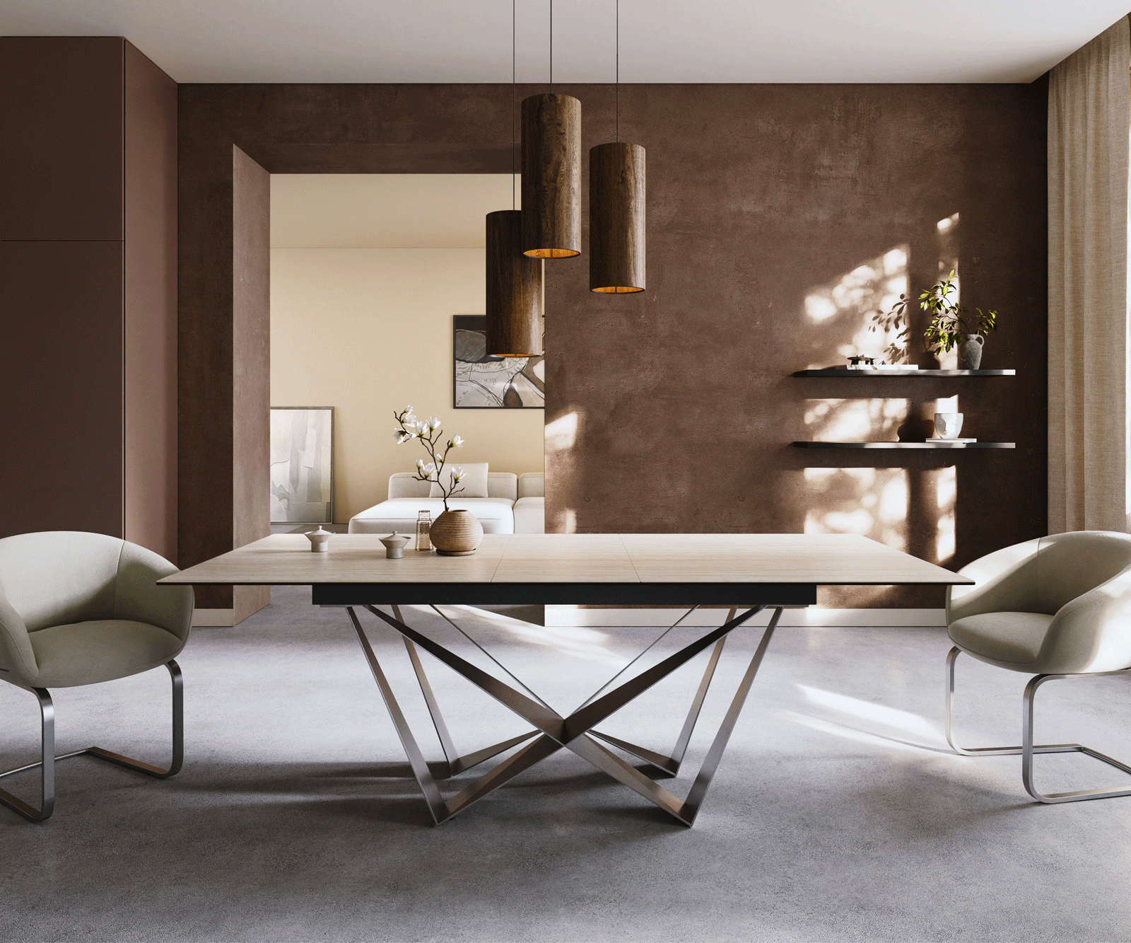 Stół do jadalni Edge 180-220x100cm ceramika Laminam® Travertino Bianco kremowo-biały rama Spider stal nierdzewna rozkładany 1
