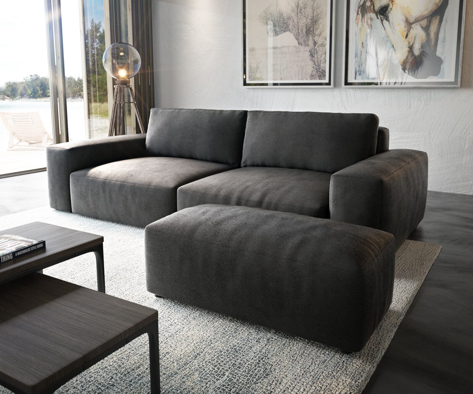 Sofa Lanzo XL 270x130cm skóra ekologiczna antracyt vintage z pufem