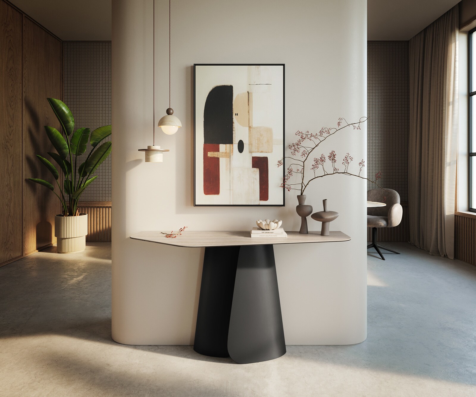 Konsola Edge wielokątna 140x50 cm ceramika Laminam® Travertino Bianco kremowo-biały podstawa Livos metal czarny 4