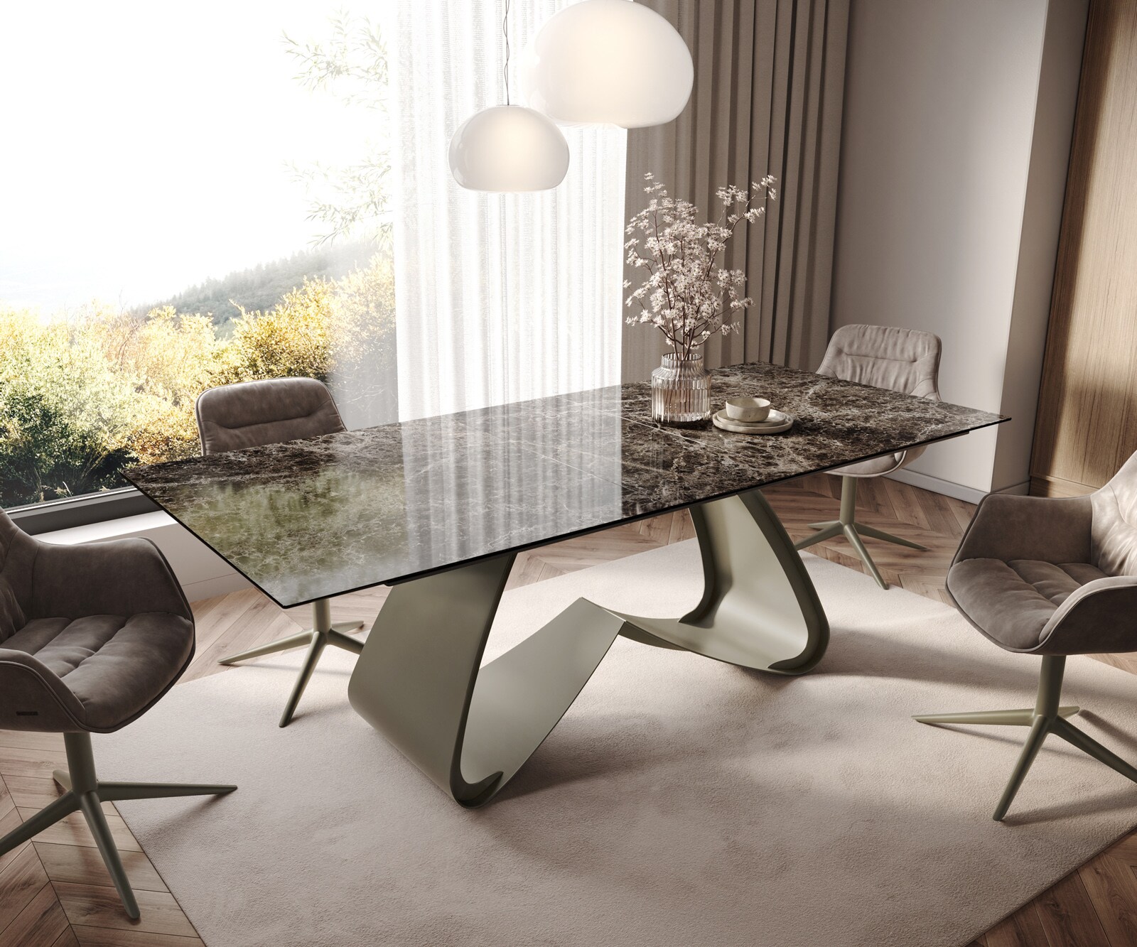 Stół do jadalni Edge 180-220x100cm ceramika Laminam® Emperador Extra Lucidato ciemnobrązowy rama W kolor tytanowy rozkładany