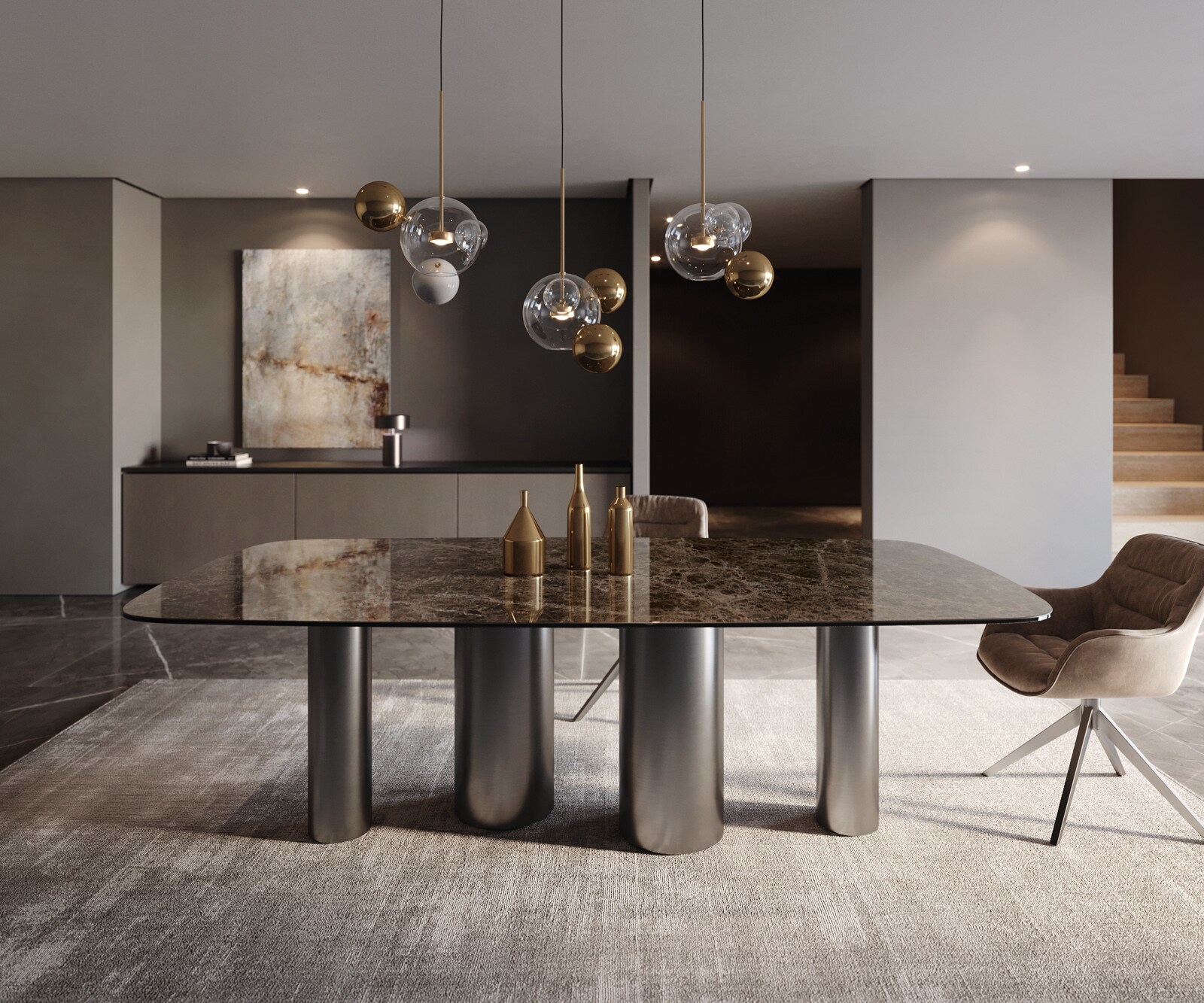 Stół do jadalni Edge kształt beczki 240x120cm ceramika Emperador Extra Lucidato ciemnobrązowy rama Pilier stal nierdzewna grafit 2