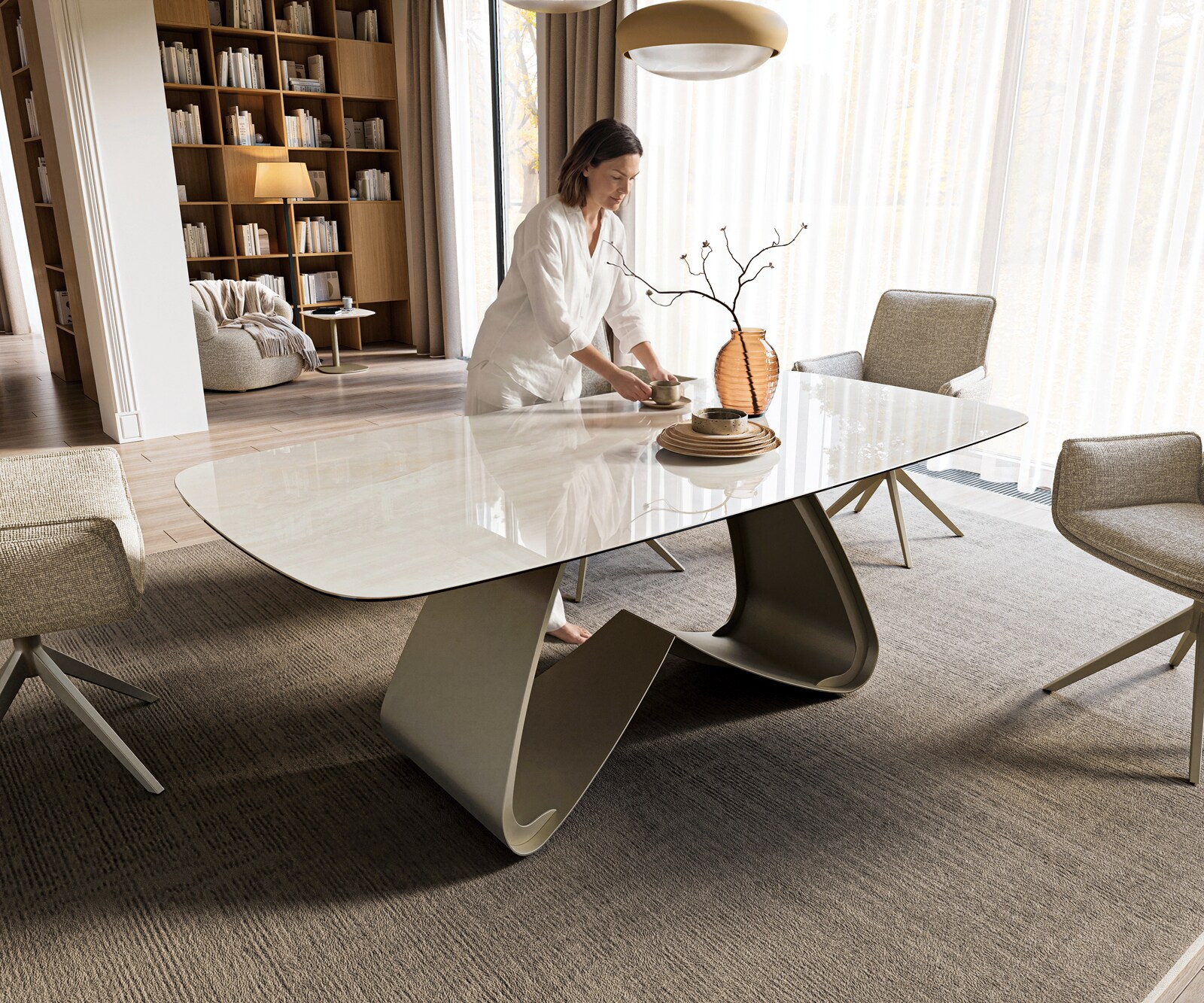 Stół do jadalni Edge w kształcie beczki 200x100 cm ceramika Onyx Champagne rama typu W metal w kolorze tytanu