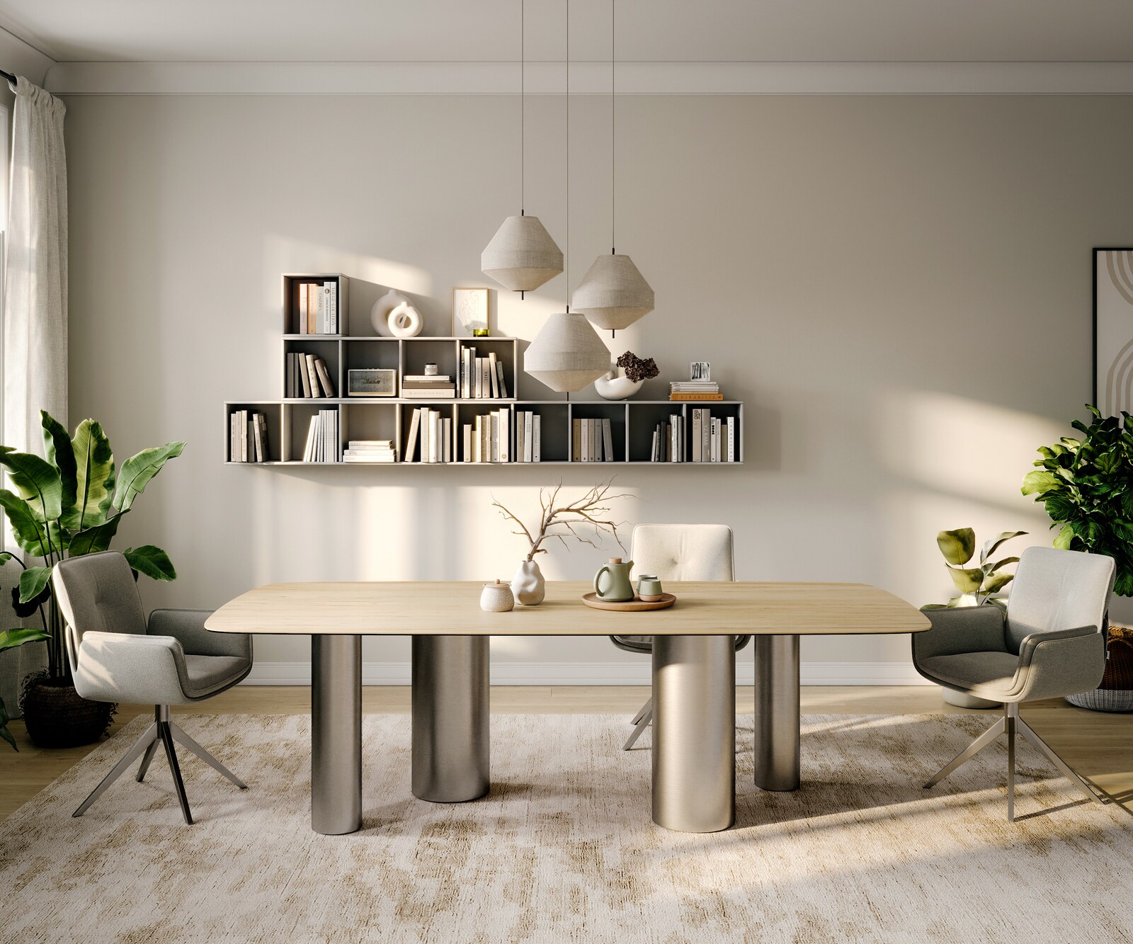 Stół do jadalni Edge w kształcie beczki 260x120 cm ceramika Laminam® Sabbia w kolorze dębu rama Pilier stal nierdzewna szczotkowana 1