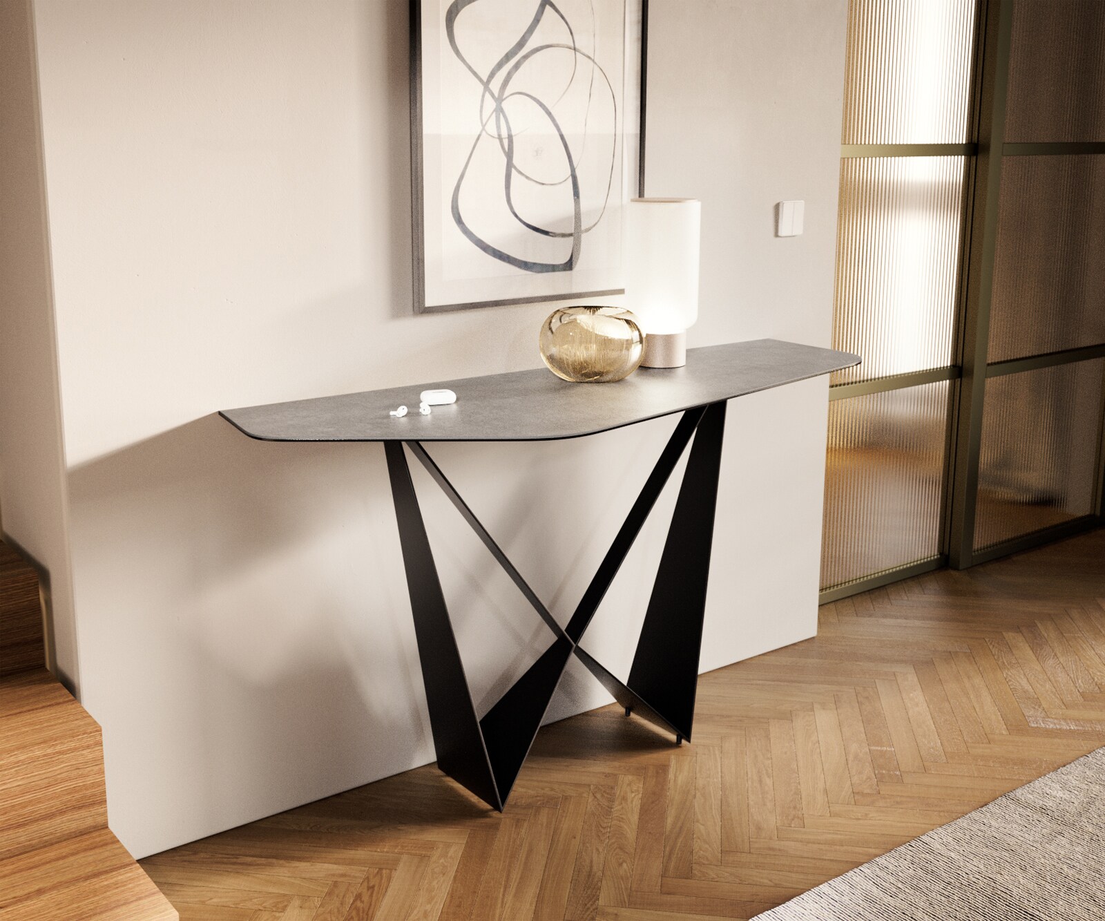 Konsola Edge wielokątna 140x50 cm ceramika w kolorze betonowej szarości podstawa Spios metal czarny 1