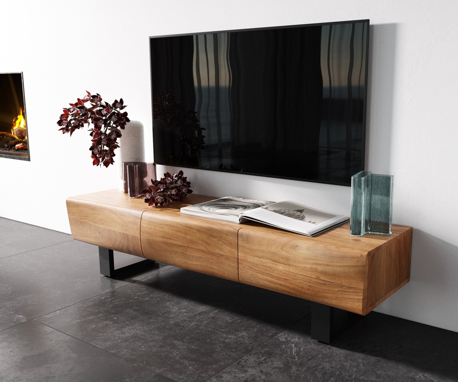 Szafka RTV New Live-Edge 145 cm akacja naturalna 3 drzwi nóżki płozowe czarny metal