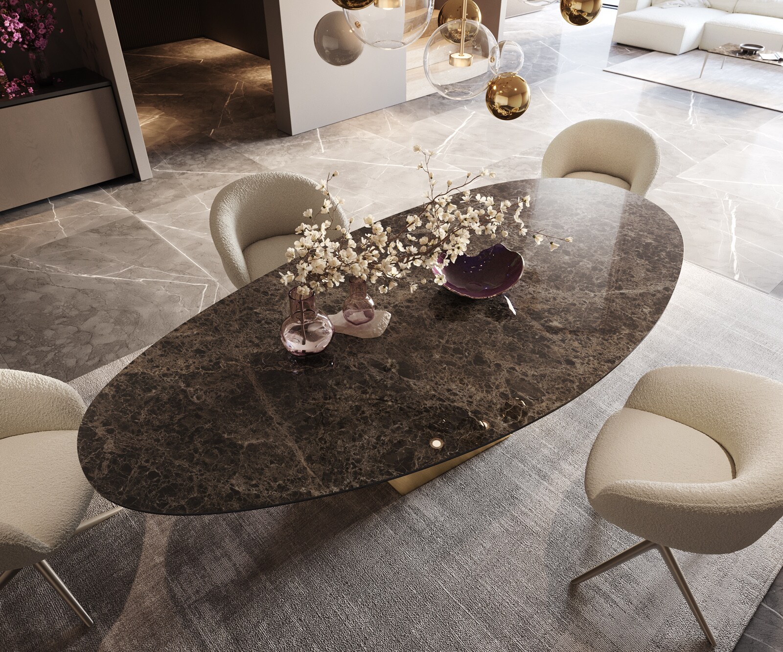 Stół do jadalni Edge owalny 280x130cm ceramika Emperador Extra Lucidato ciemnobrązowy rama Prisma metaliczny złoty 5