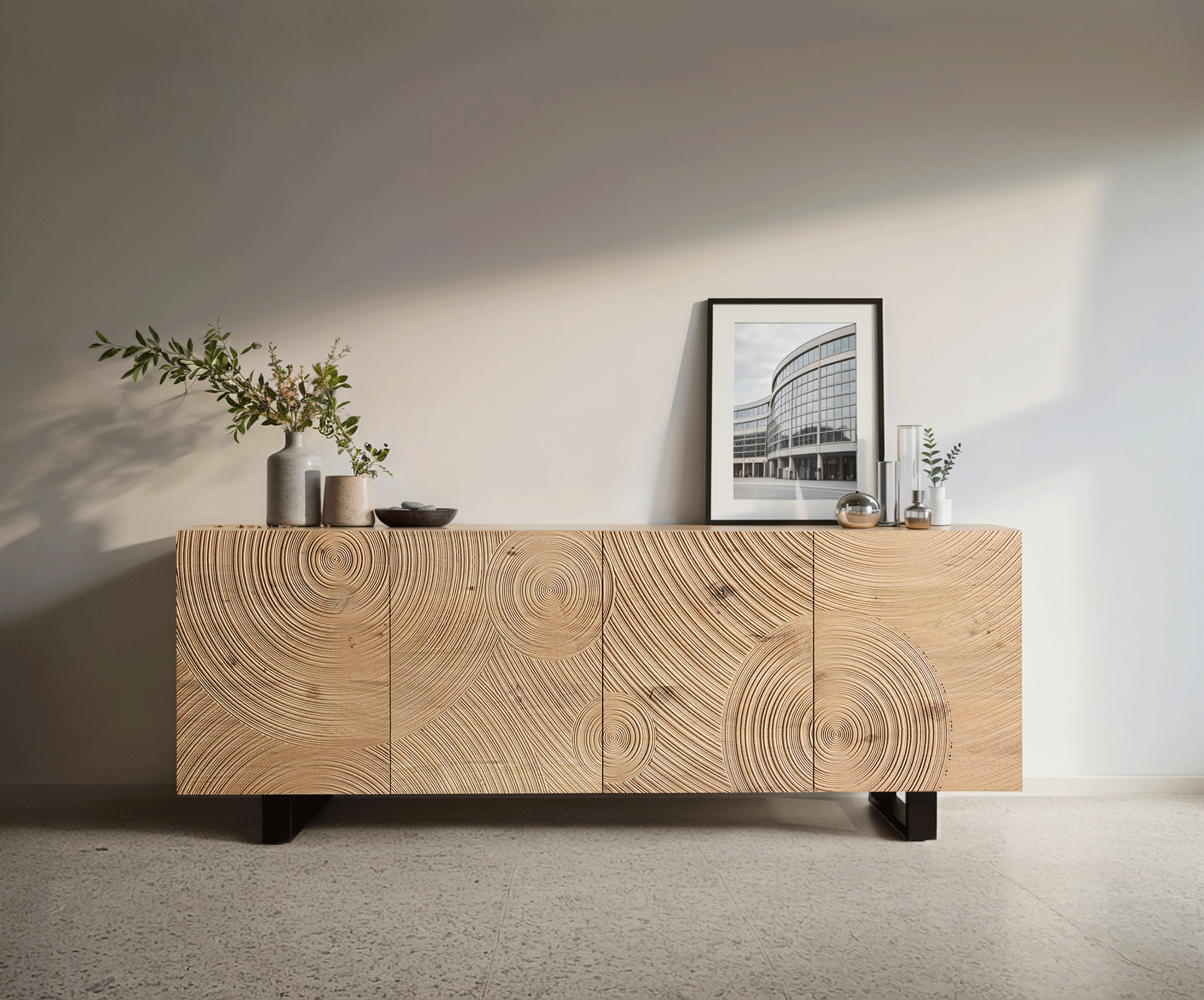 Komoda Ashara 200 cm dąb naturalny efekt 3D 4 drzwi nóżki płozowe metal czarny 1