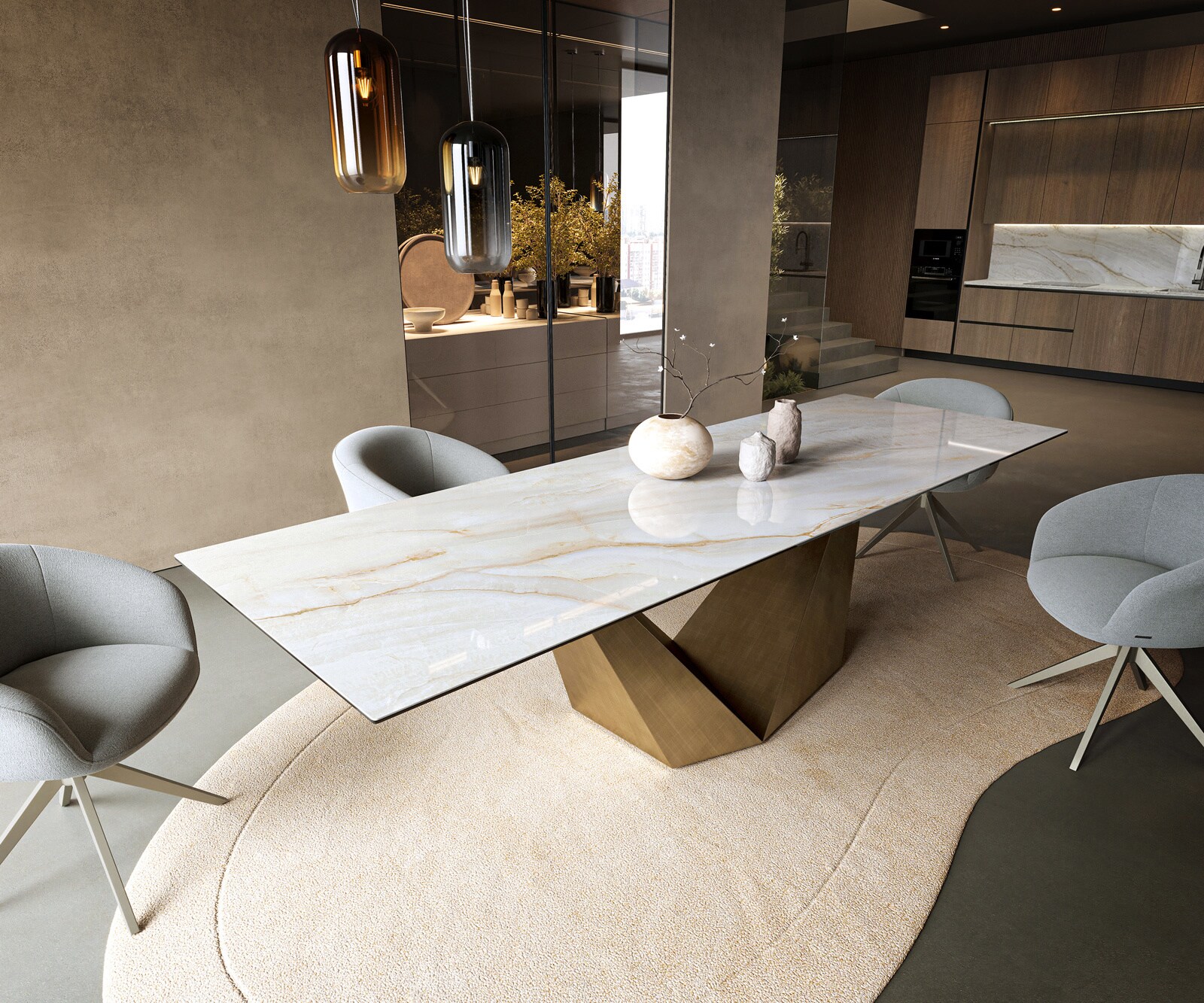 Stół do jadalni Edge 300x100 cm ceramika Onyx Pearl rama Prisma metaliczny złoty