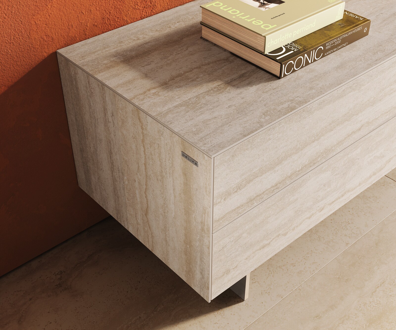 Szafka RTV Cuor 180 cm ceramika Laminam® Travertino Bianco kremowo-biała 1 klapa 2 szuflady nóżki wąskie stal nierdzewna 6
