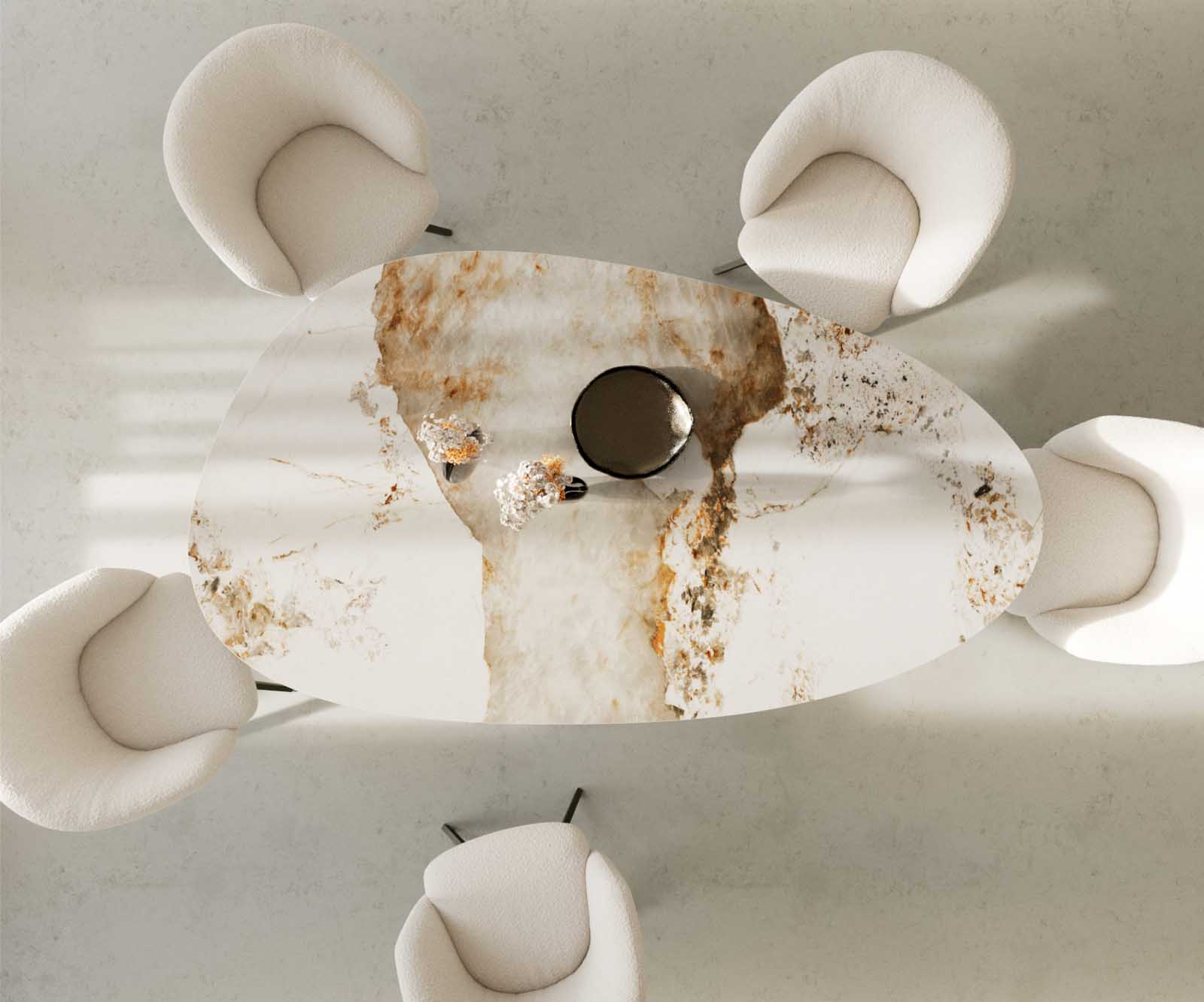 Stół do jadalni Edge owalny 220x120cm ceramika Minas Melange biało-beżowy rama Troa metal kolor tytanowy 4