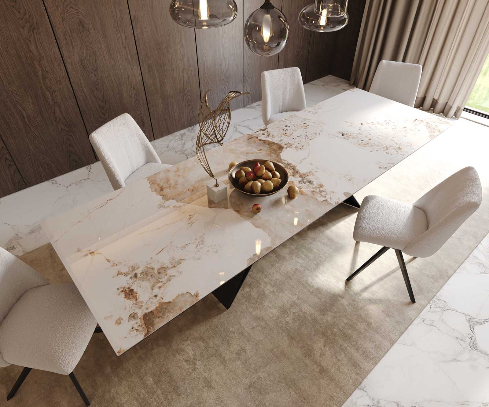 Stół do jadalni Edge 300x100cm ceramika Minas Melange biało-beżowy rama V metal czarna 6