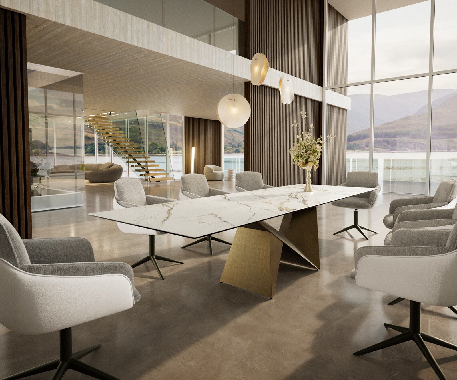Stół do jadalni Edge 300x100cm ceramika Calacatta Luxe biało-złoto-szary rama Origami metaliczny złoty 6