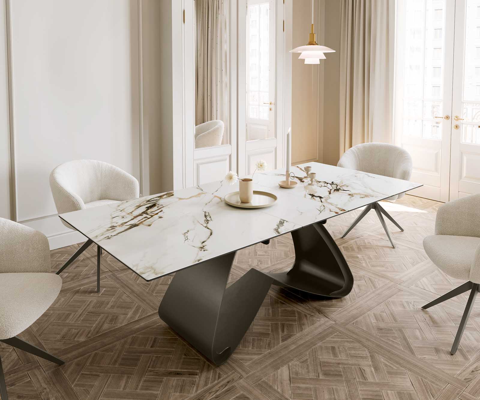 Stół do jadalni Edge 180-220x100 cm ceramika Calacatta Luxe biało-złoto-szary rama W kolor tytanowy rozkładany