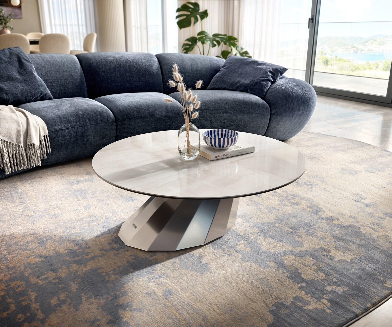 Stolik kawowy Edge okrągły 100x100 cm ceramika Onyx Champagne podstawa Parabi stal nierdzewna szczotkowana 1