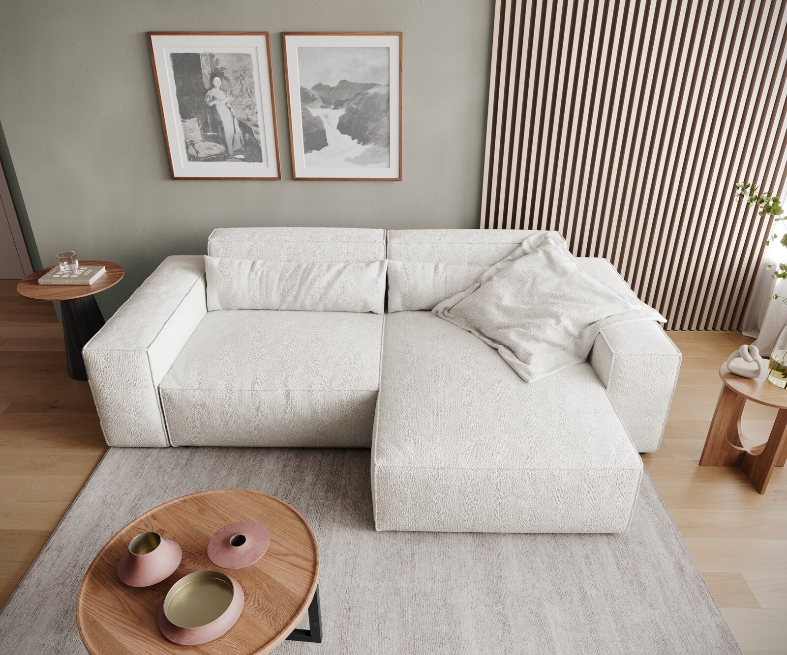 Sofa narożna Sirpio 230x155 cm bouclé kremowo-biały szezlong z możliwością obustronnego montażu 6