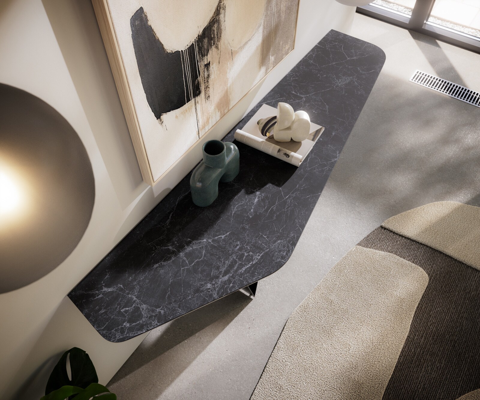 Konsola Edge wielokątna 180x50 cm ceramika Laminam® Nero Greco antracytowa podstawa Spios metal czarny 6