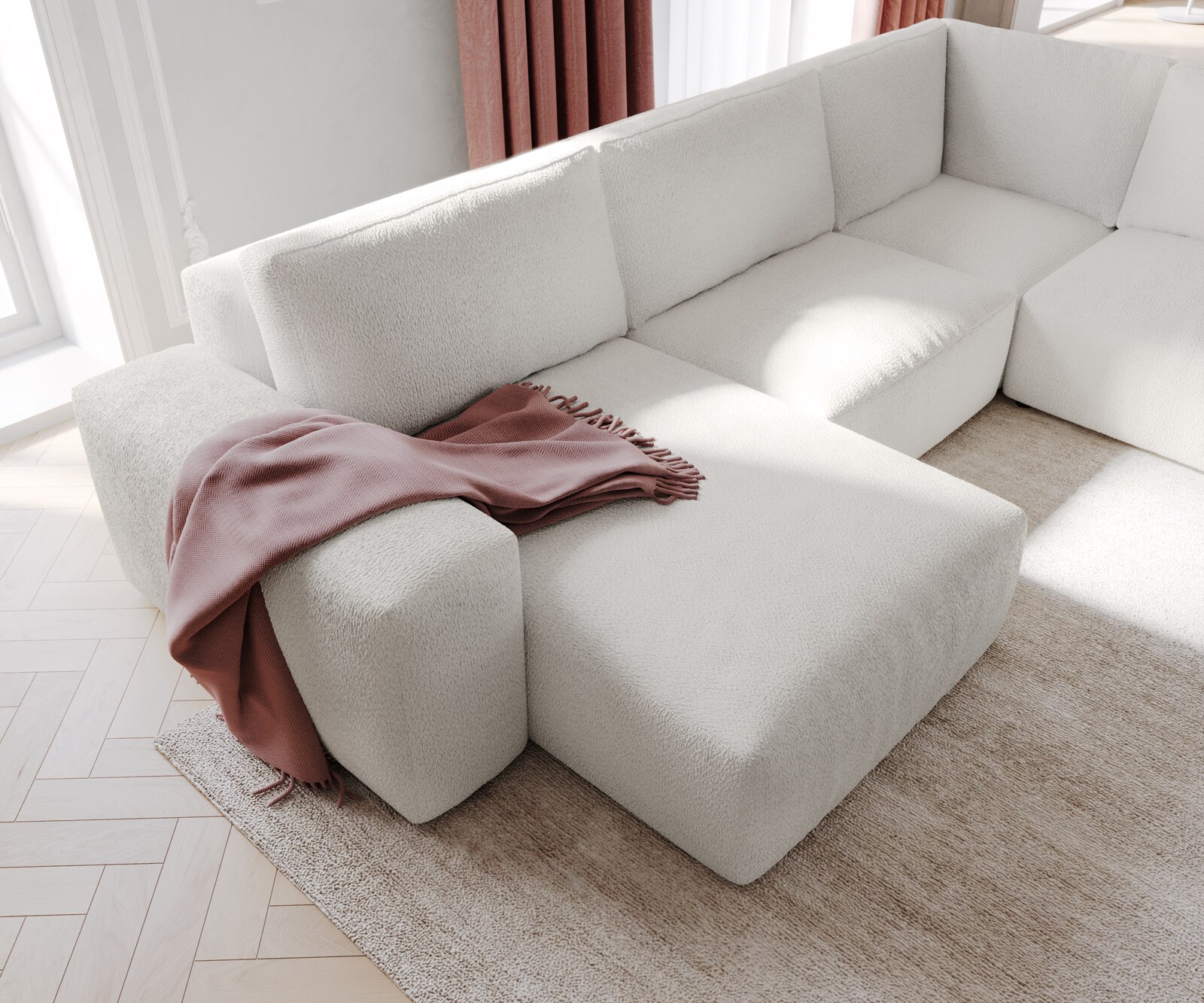 Sofa w kształcie litery U Lanzo 300x210 cm bouclé kremowo-biały szezlong z możliwością obustronnego montażu z pufem 4