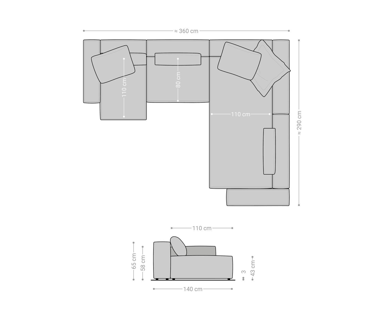Sofa w kształcie litery U Freestyle 360x290 cm miękka tkanina bouclé beżowa szew płaski 7
