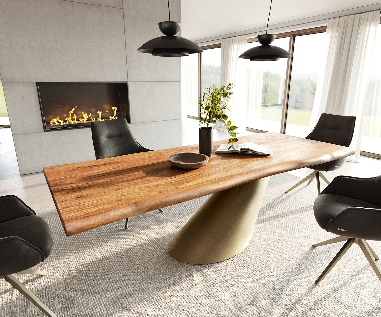 Stół do jadalni Edge 240x100 cm akacja naturalna rama Cono metaliczny złoty live-edge