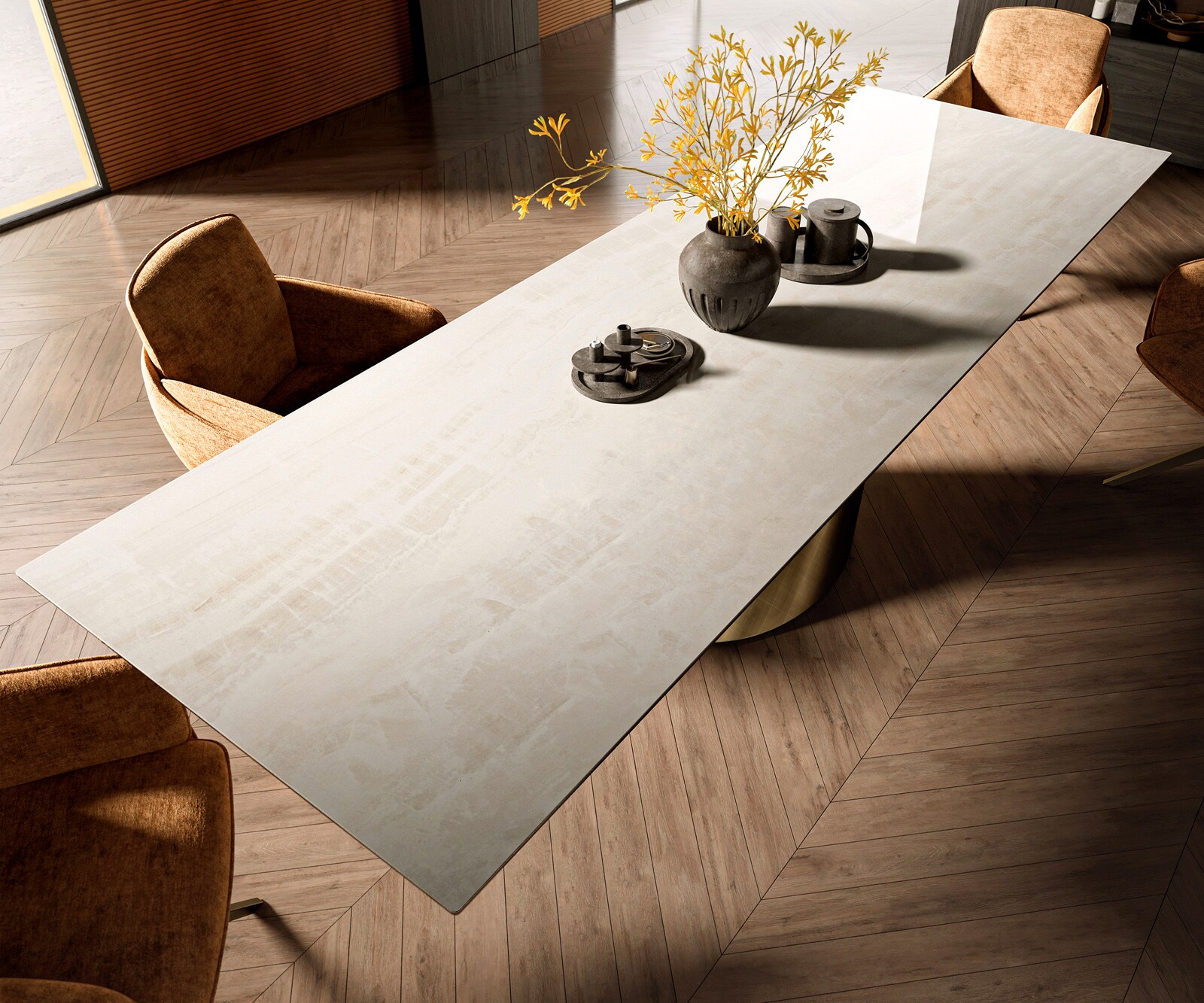 Stół do jadalni Edge 300x100 cm ceramika Onyx Champagne rama Cono metaliczny złoty 4