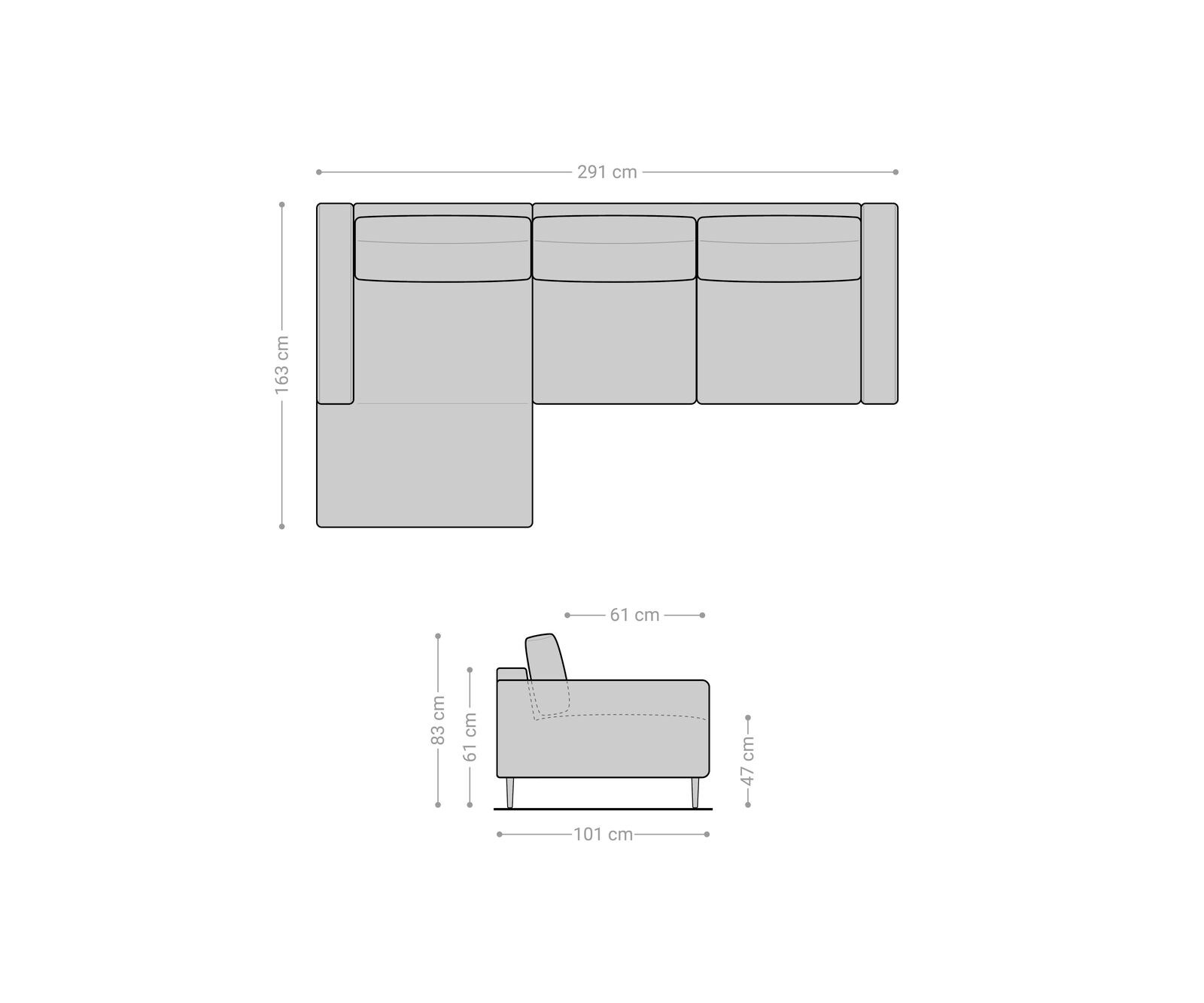 Sofa narożna Sottil 290 x 165cm szenil antracytowy szezlong lewy 5