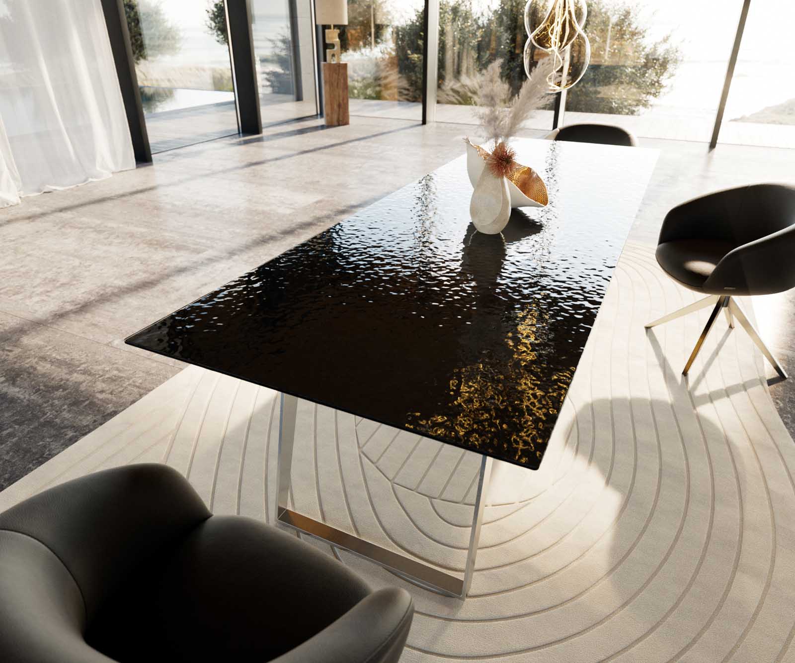 Stół do jadalni Edge 300x100cm szkło reliefowe czarne efekt 3D stal nierdzewna pochylona rama 6