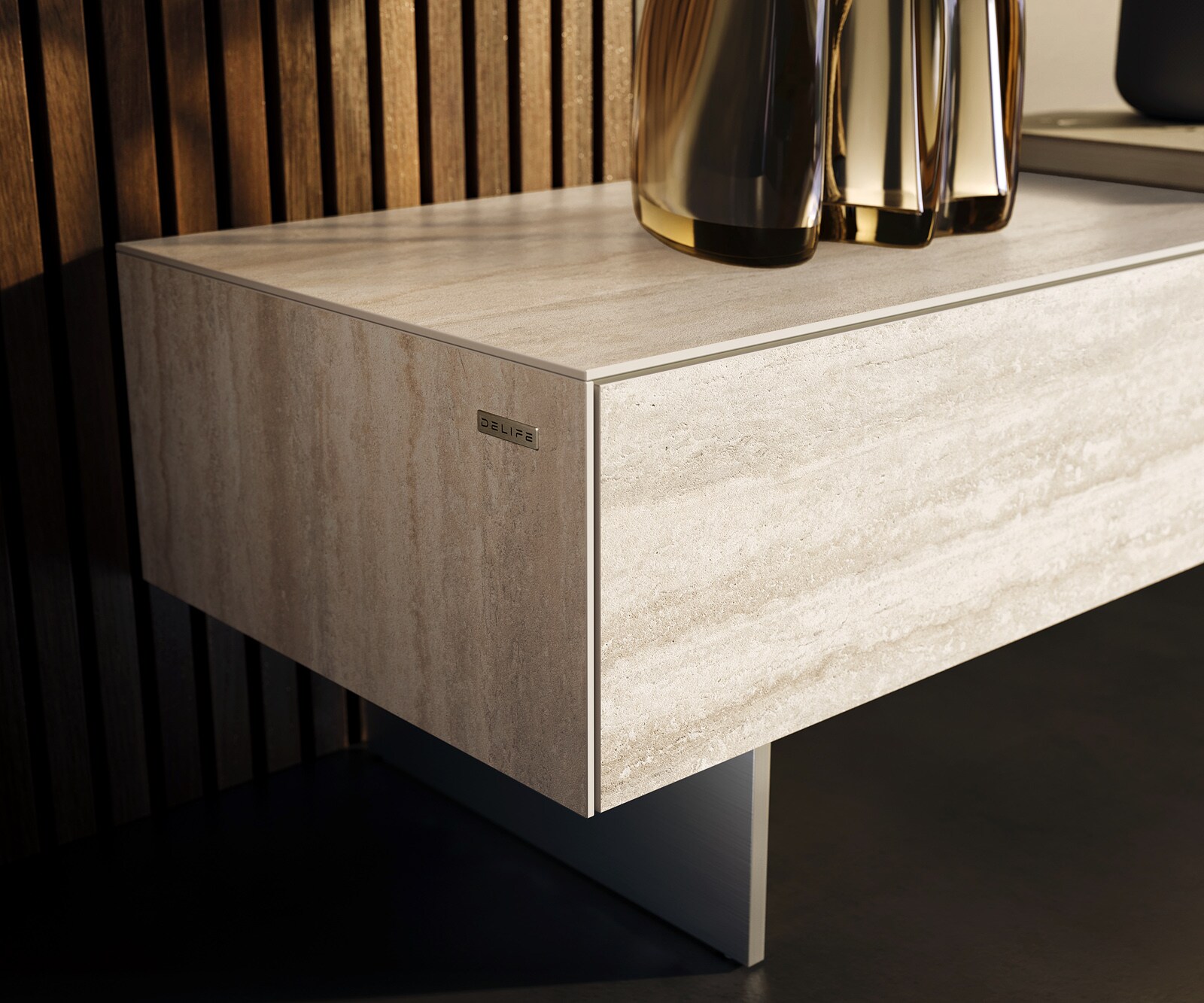 Szafka RTV Cuor 200 cm ceramika Laminam® Travertino Bianco kremowo-biały 1 klapa 1 szuflada nóżki wąskie stal nierdzewna 5