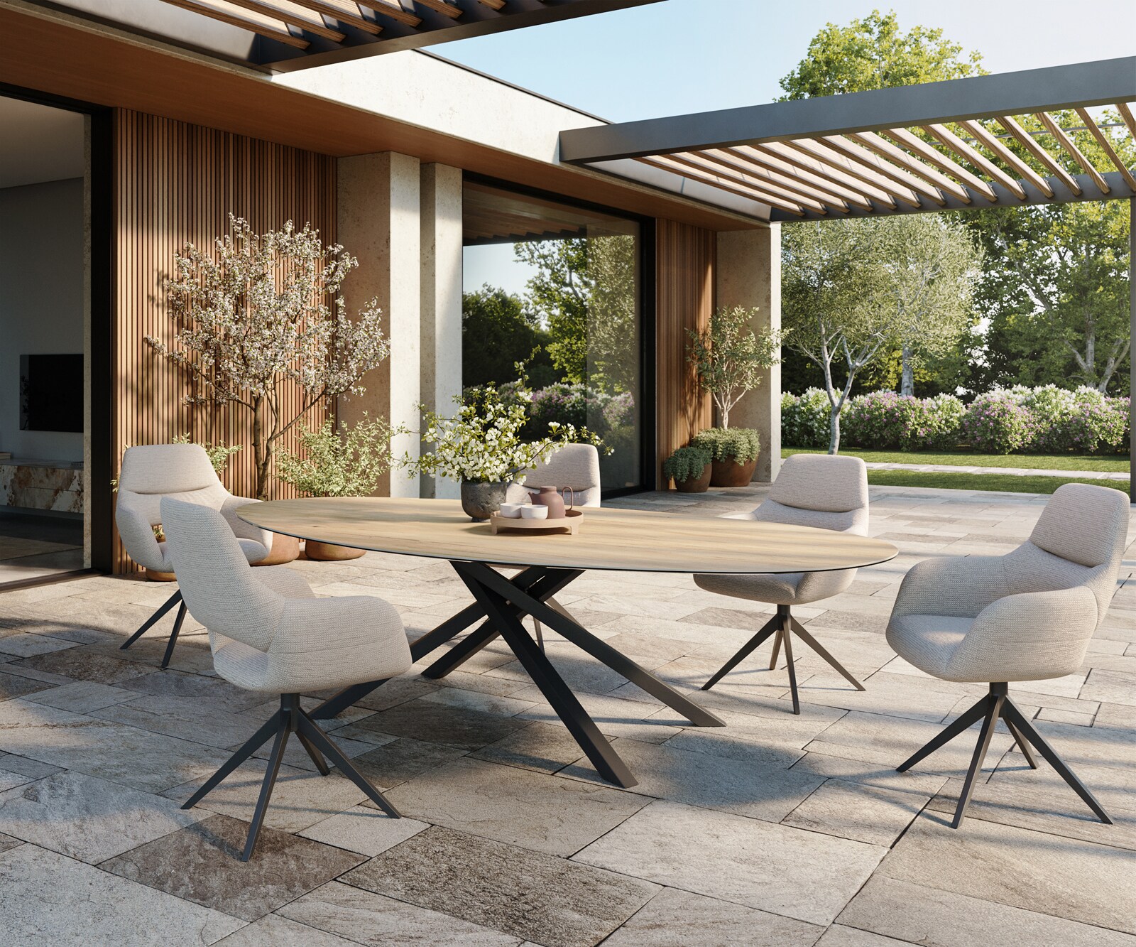 Stół ogrodowy Edge owalny 280x130 cm ceramika Laminam® Sabbia kolor dębu rama Cross czarny 5