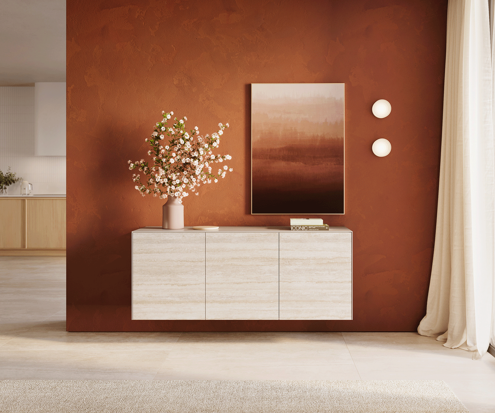 Komoda Cuor 150 cm ceramika Laminam® Travertino Bianco kremowo-biała 3 drzwi podwieszana 2