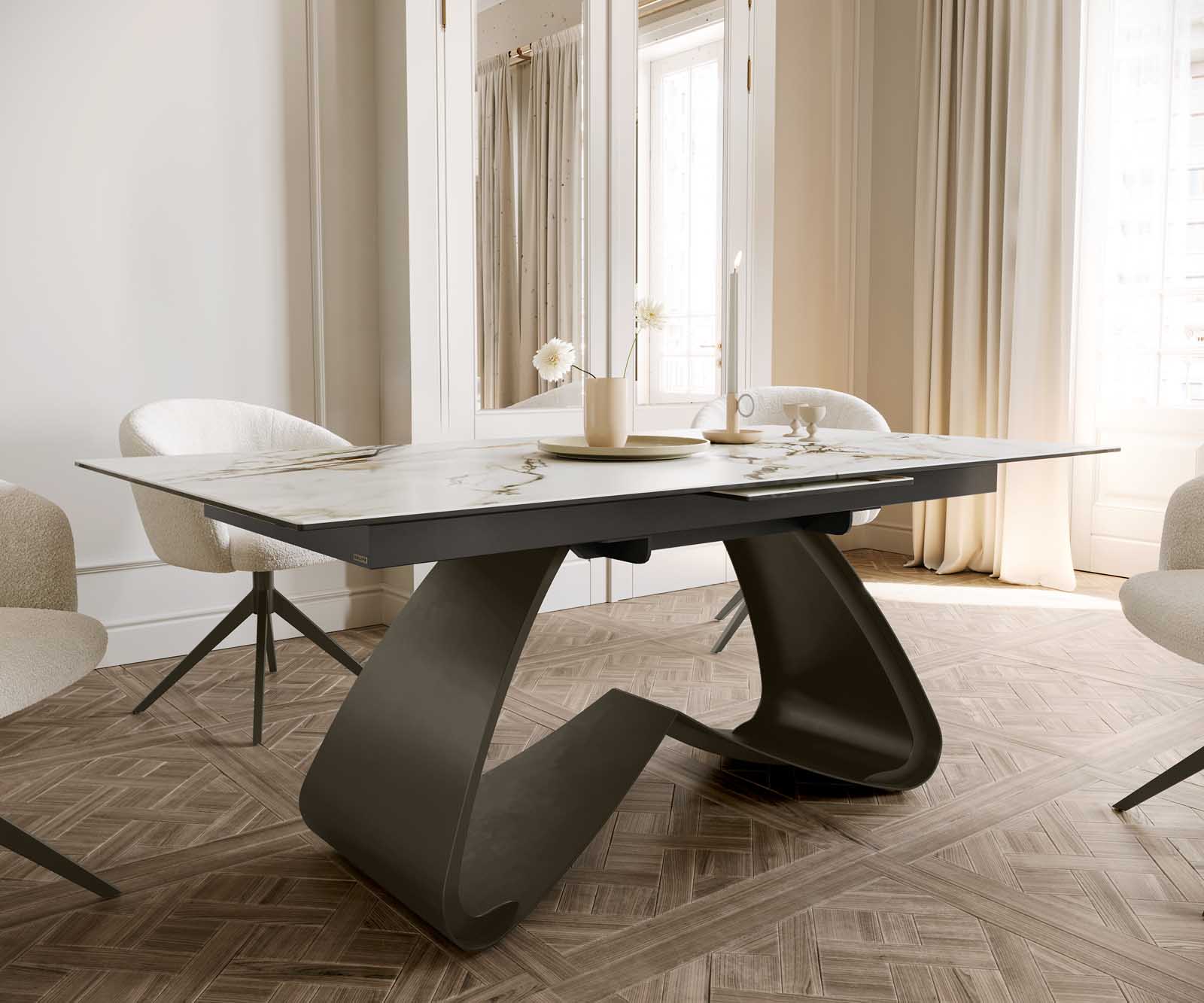 Stół do jadalni Edge 180-220x100 cm ceramika Calacatta Luxe biało-złoto-szary rama W kolor tytanowy rozkładany 6