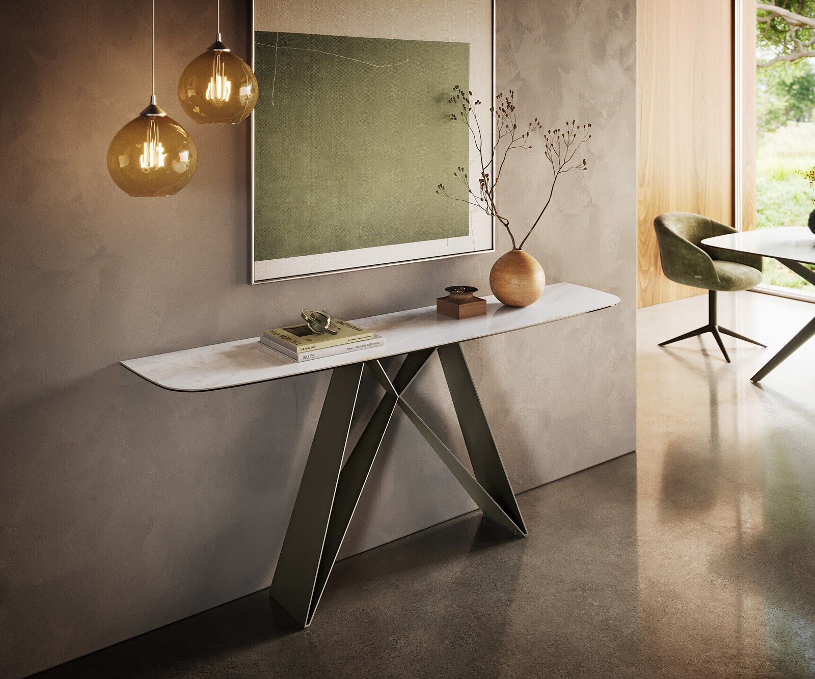 Konsola Edge w kształcie beczki 180x40 cm ceramika Onyx Pearl podstawa Velio metal w kolorze tytanu 4