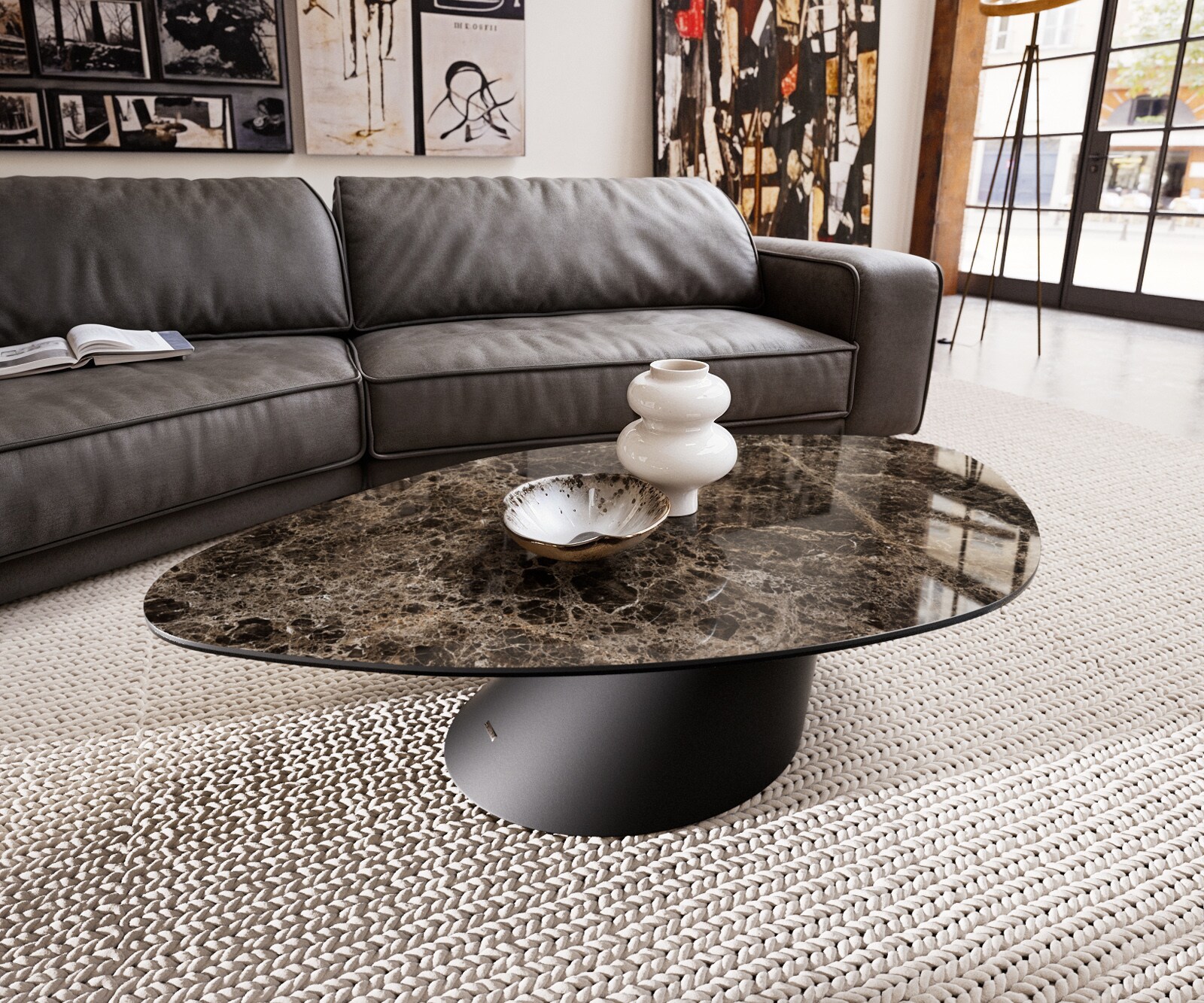 Stolik kawowy Edge kształt organiczny 140x76 cm ceramika Laminam® Emperador Extra Lucidato ciemnobrązowa podstawa Conis metal czarny 2