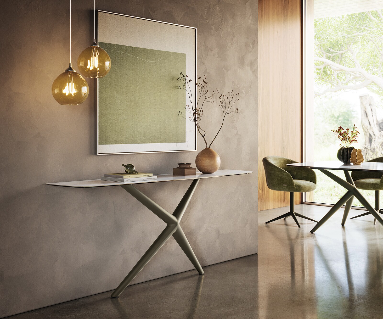 Konsola Edge w kształcie beczki 180x40 cm ceramika Onyx Pearl rama Estelo metal w kolorze tytanu 7