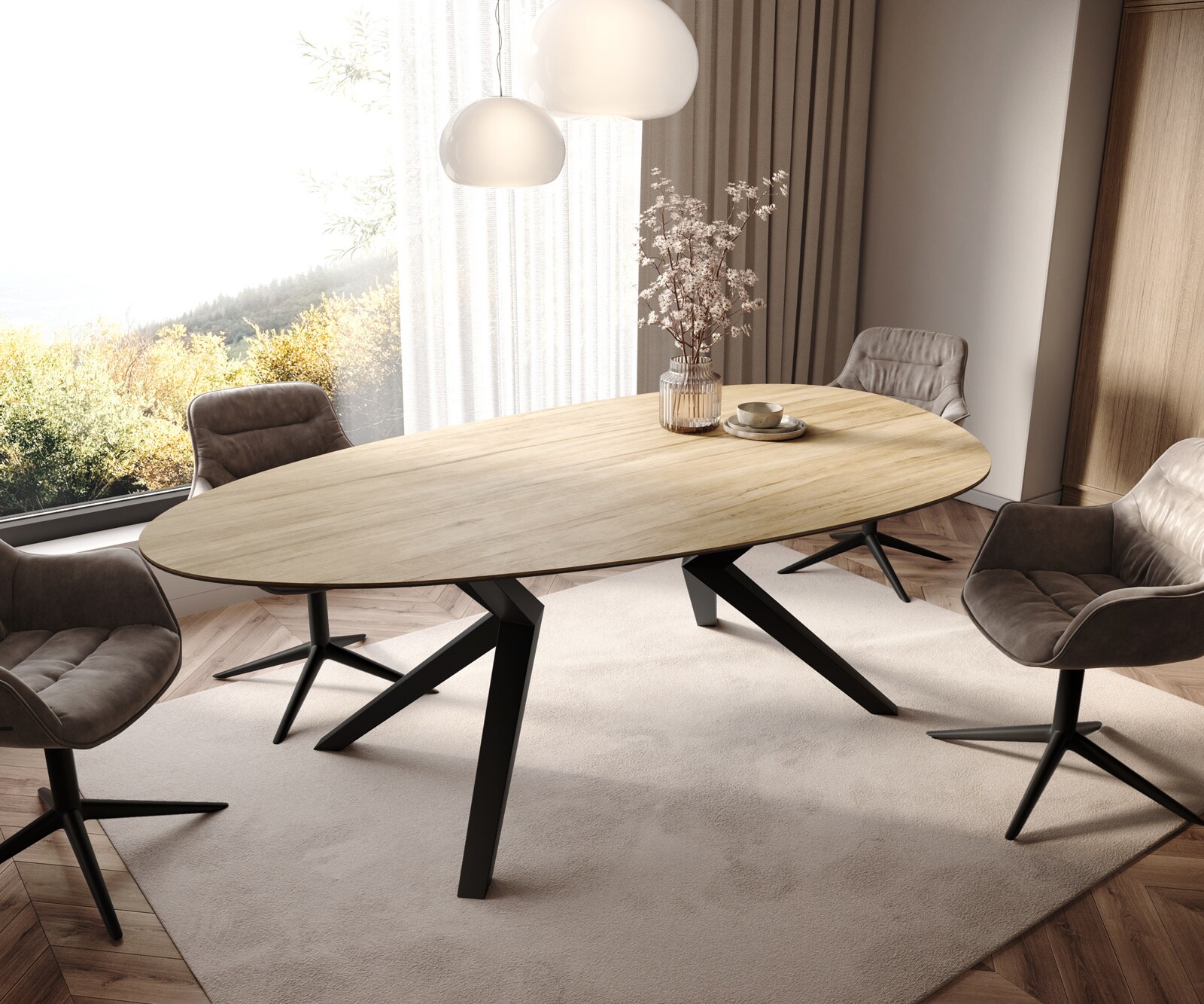 Stół do jadalni Edge owalny 220x120cm ceramika Laminam® Sabbia kolor dębowy rama Zenthara metal czarny