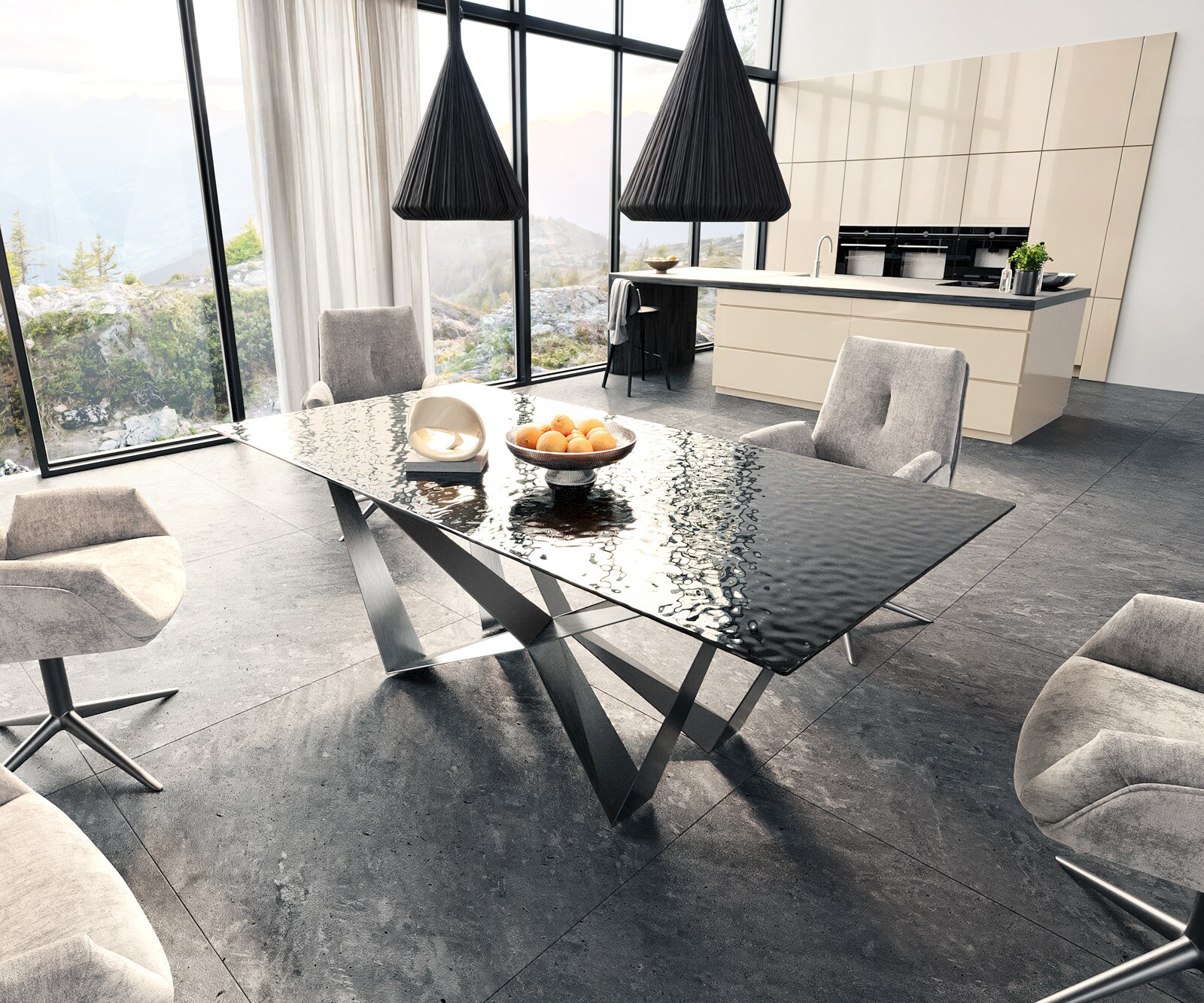 Stół do jadalni Edge 200x100 cm szkło reliefowe czarne efekt 3D rama Spider stal nierdzewna