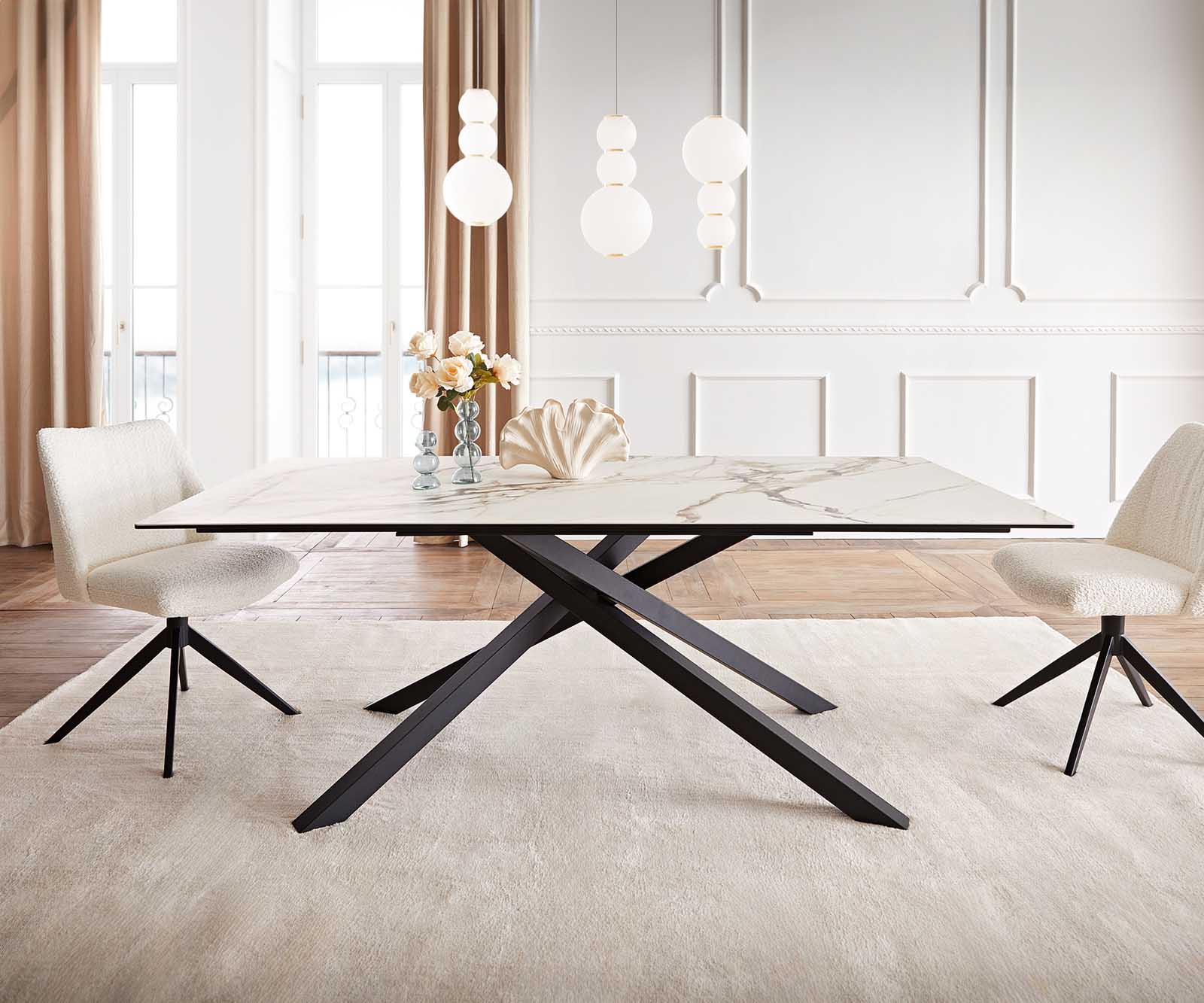 Stół do jadalni Edge 200x100 cm ceramika Calacatta Luxe biało-złoto-szary rama Cross czarna