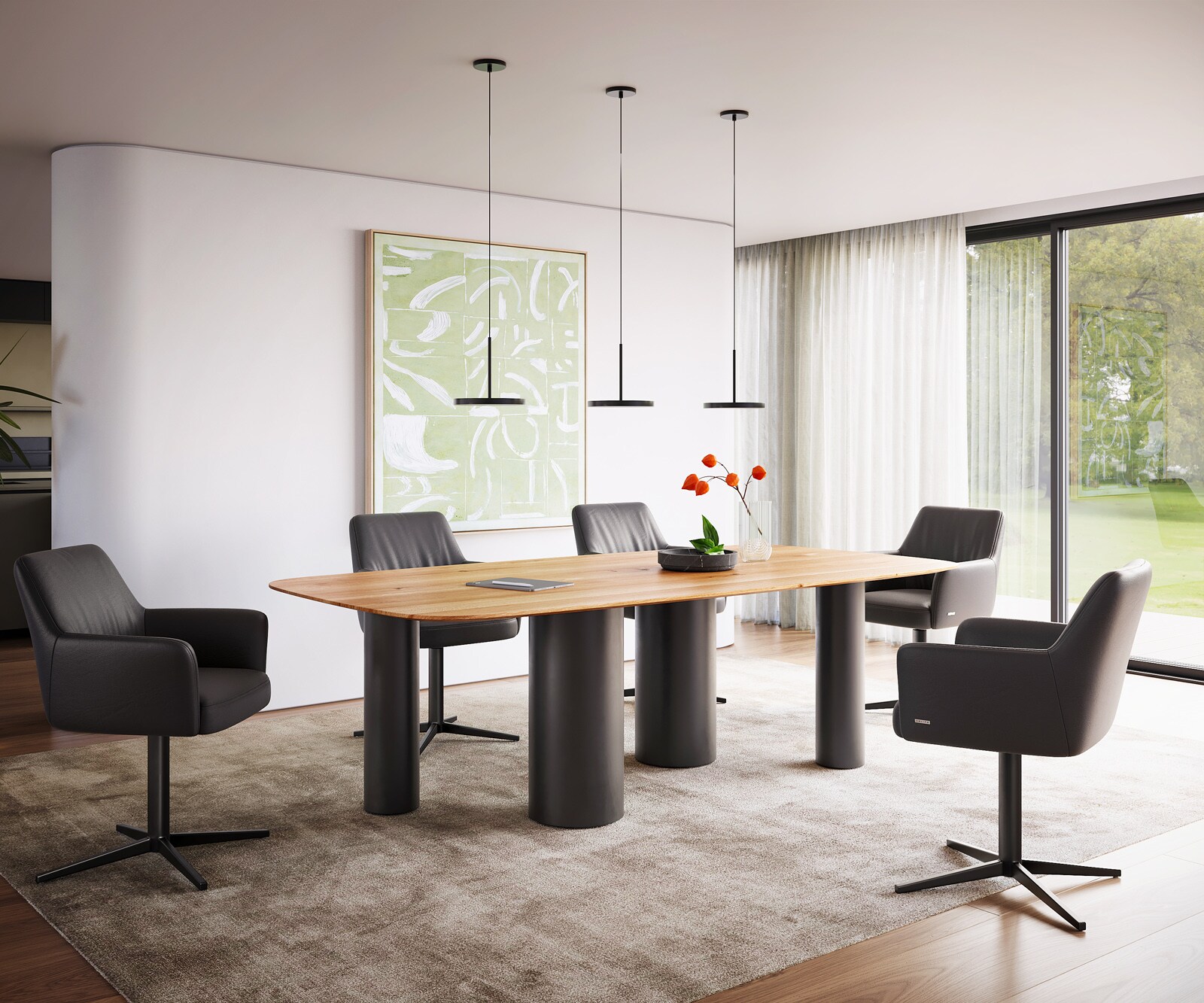 Stół do jadalni Edge kształt beczki 240x120x2,5-3cm dąb naturalny rama Pilier metal czarny krawędź szwajcarska 4