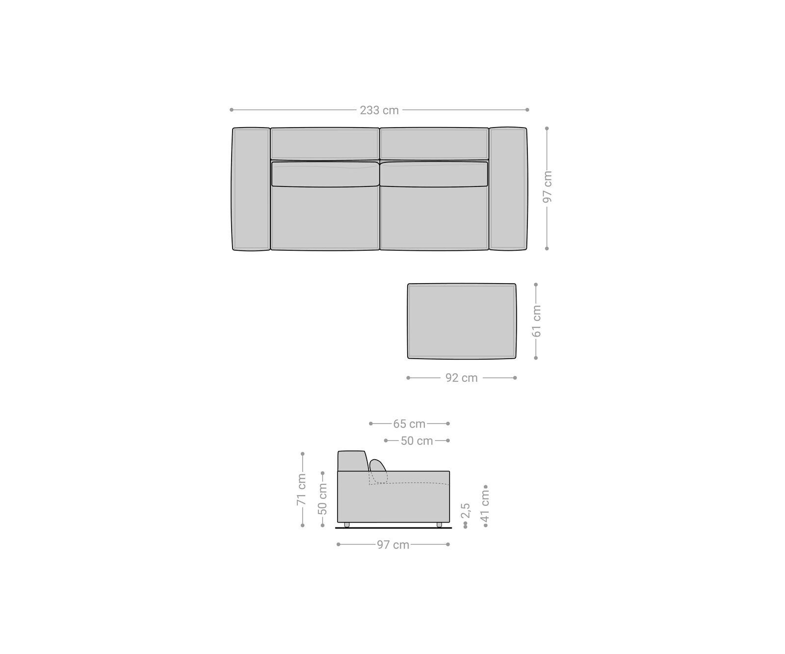 Duża sofa Sirpio 230x95 cm mikrofibra czarna z pufem 6